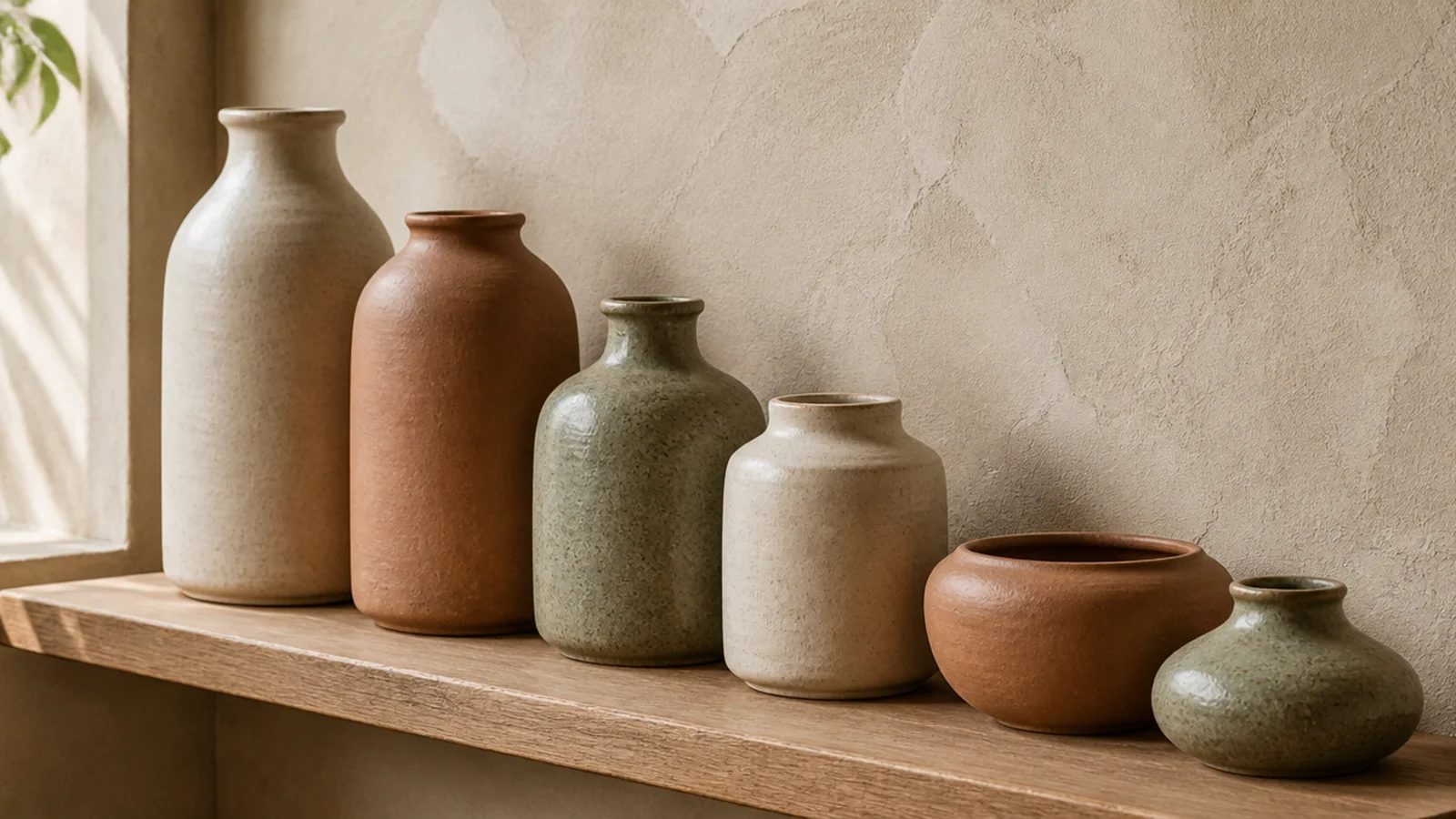 grouped stoneware vessels in only three matte glaze tones on a shelf