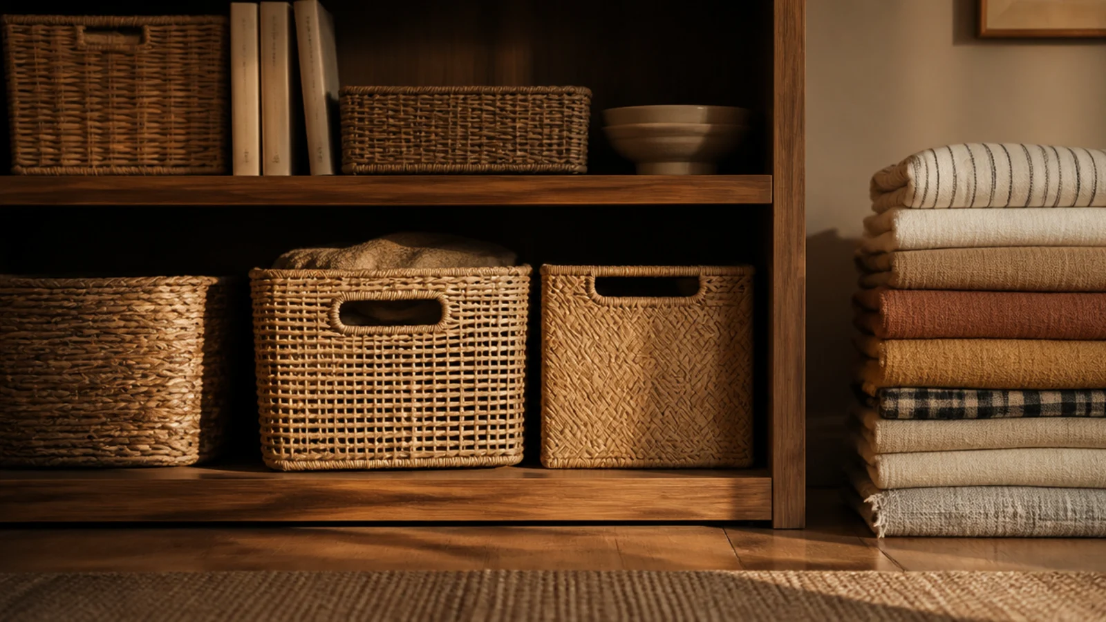 woven jute and rattan baskets bringing warm neutral color to lower shelves