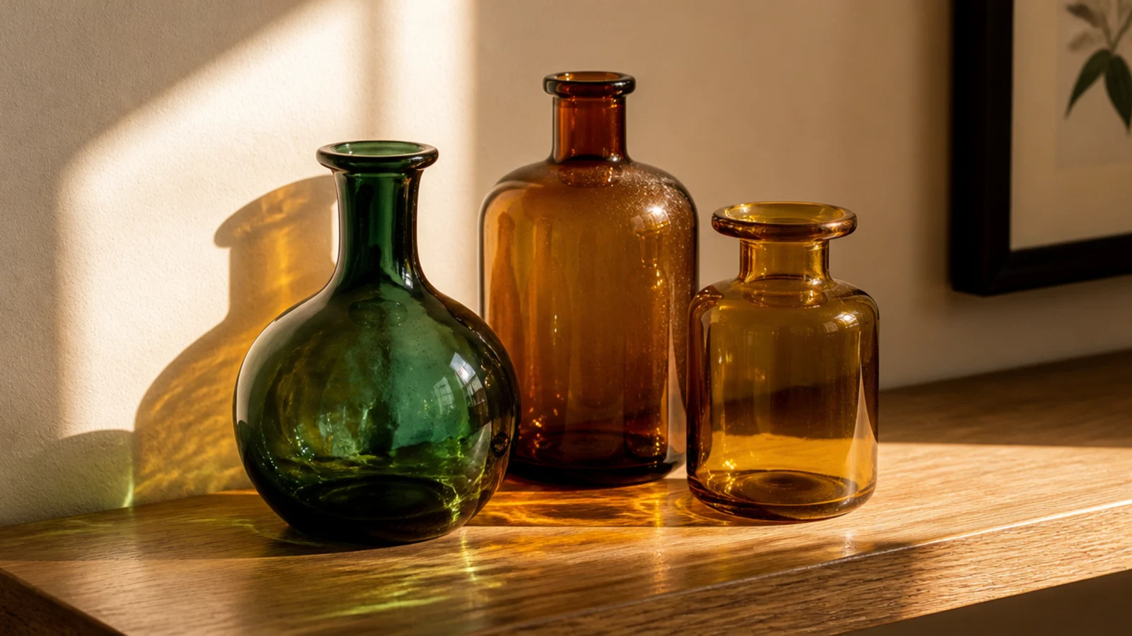amber and green glass vessels lit by window light on a wooden shelf