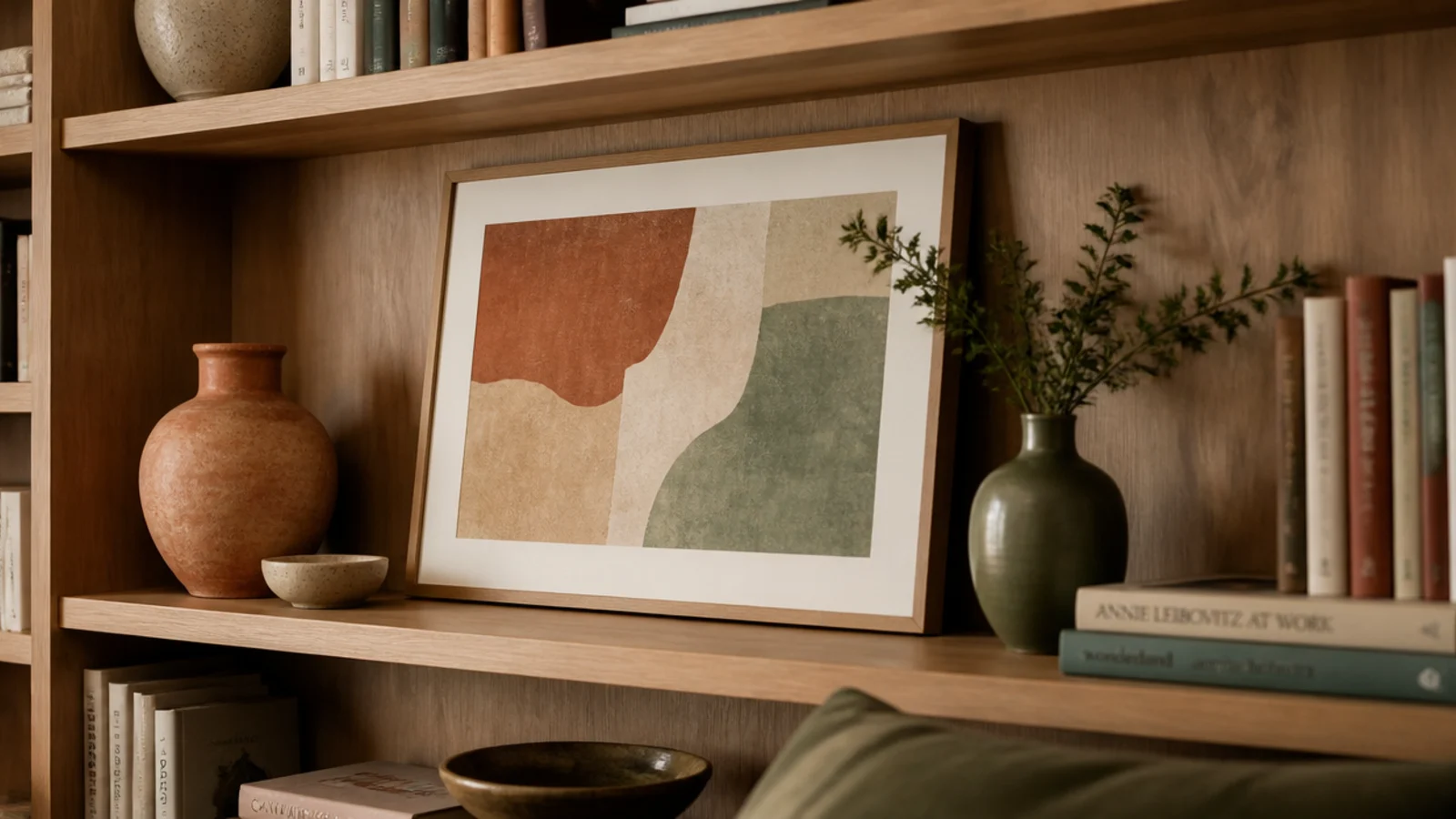 large leaning art print anchoring the color scheme of a styled bookcase