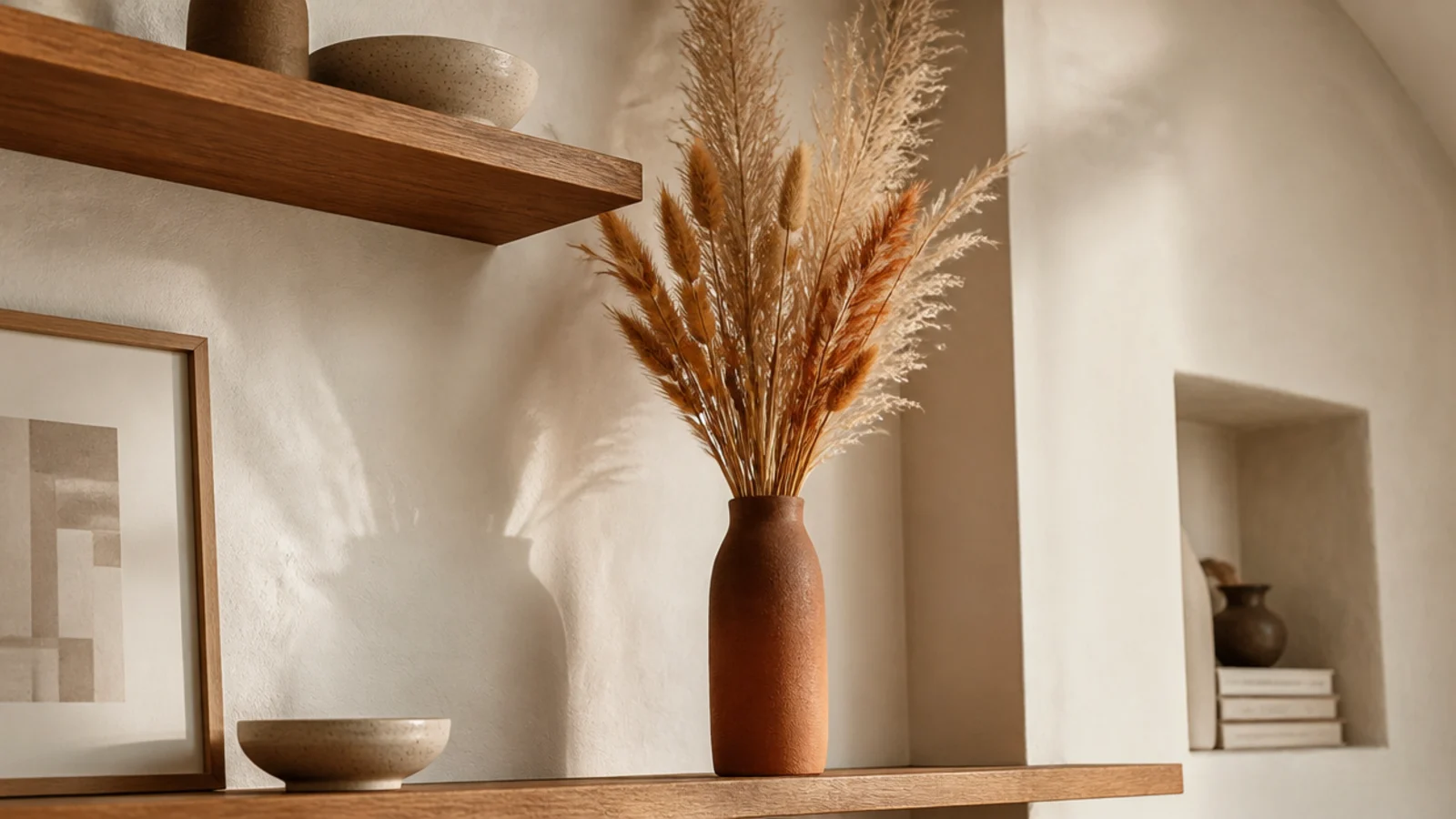 tall dried grasses in ochre and rust rising from a clay bottle on shelves