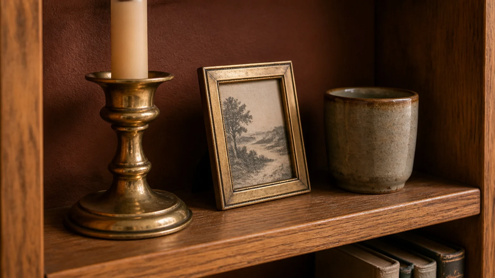 brass candlestick and small brass frame warming a neutral wooden bookshelf