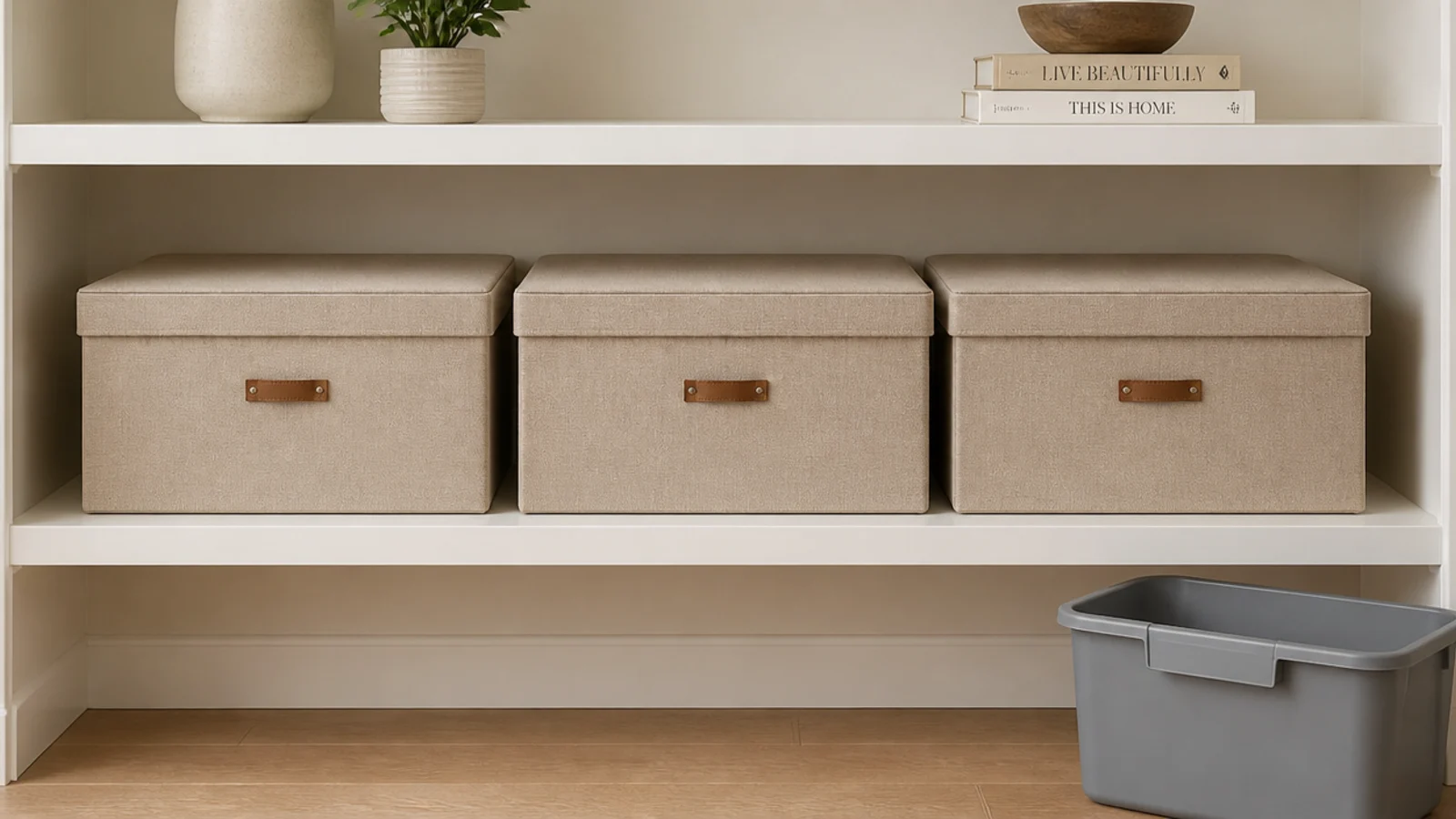 warm sand linen covered storage boxes replacing plastic bins on shelving