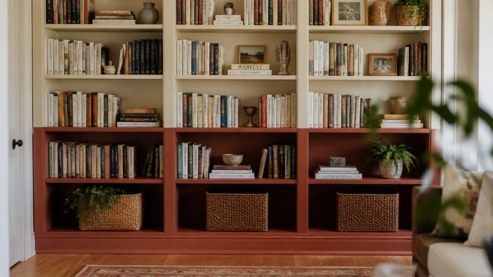 tall bookcase with the lower third painted clay and the upper part cream