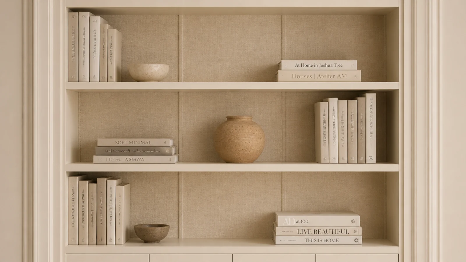 linen fabric panel stretched behind shelving softening the color of books