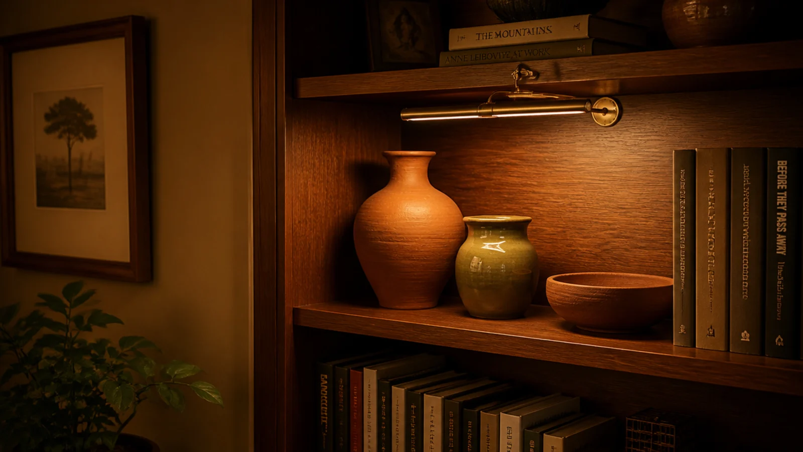 warm 2700k light making clay sage and oak colors read rich on shelves