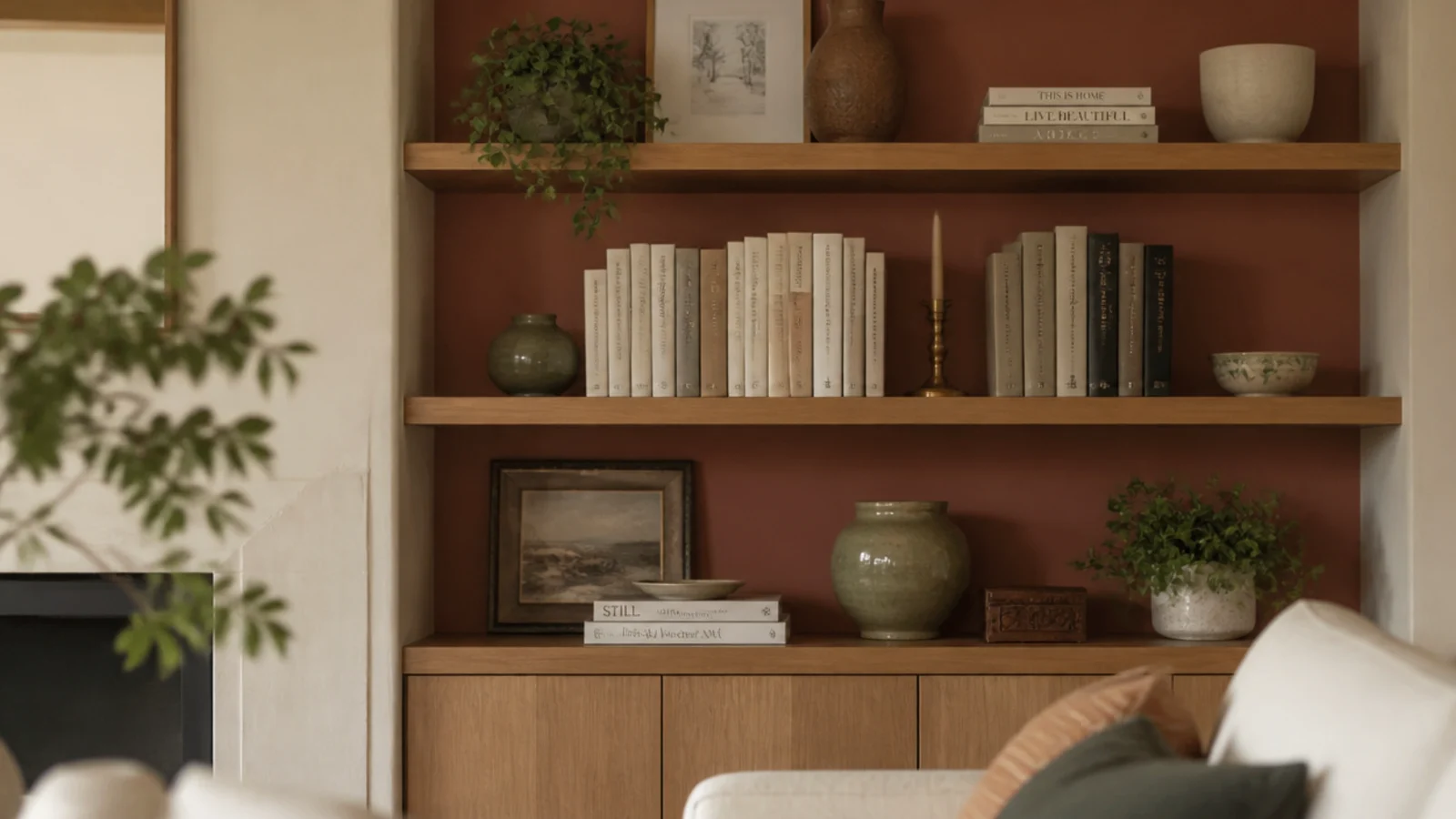 colorful bookshelf with a terracotta painted back panel and warm sage pottery