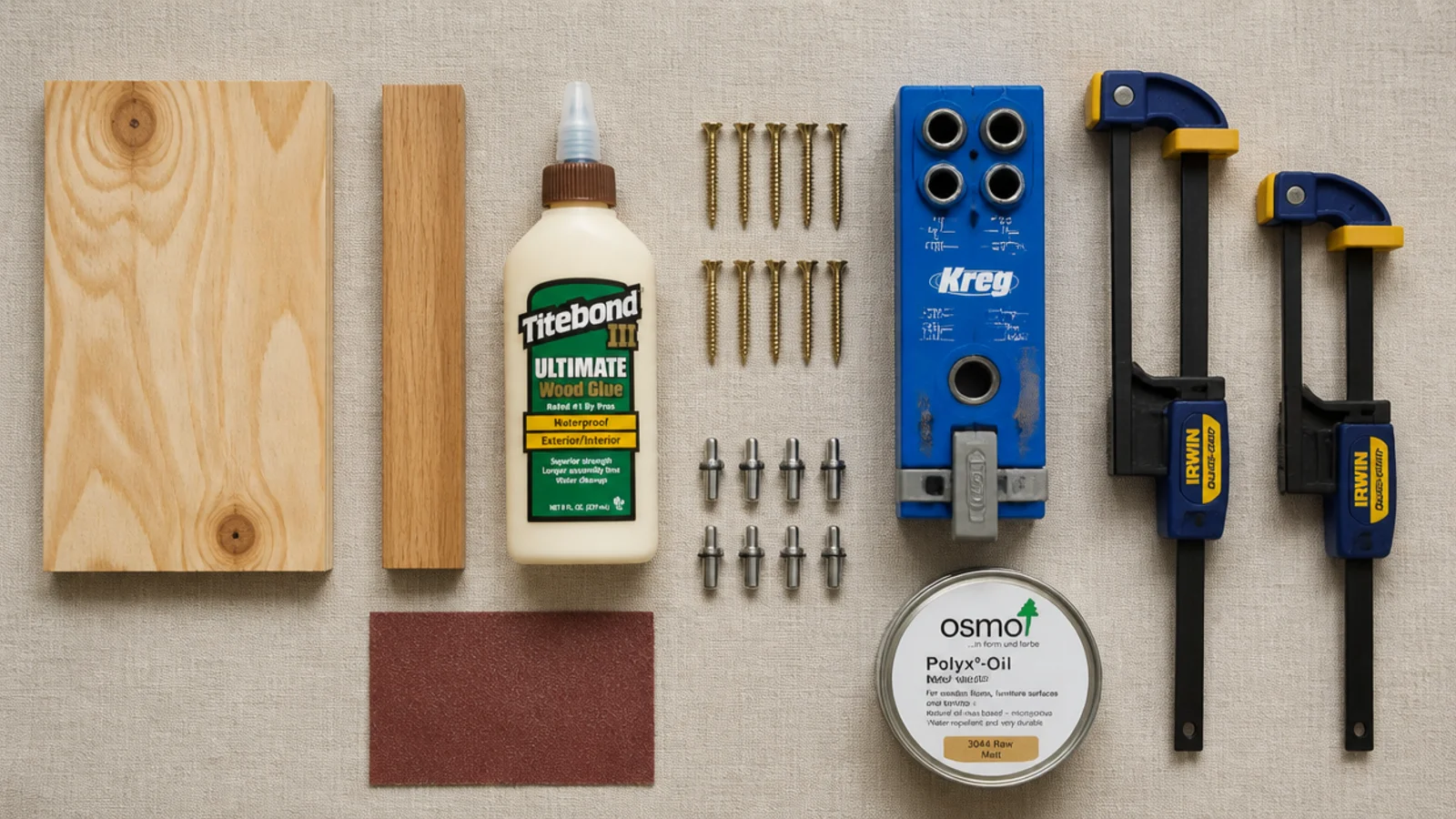 flat lay of plywood offcut screws glue clamps and a shelf pin jig