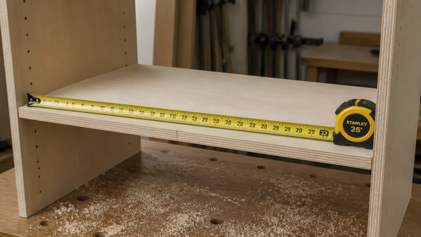 plywood shelf spanning a bay with a pencil mark at thirty two inches