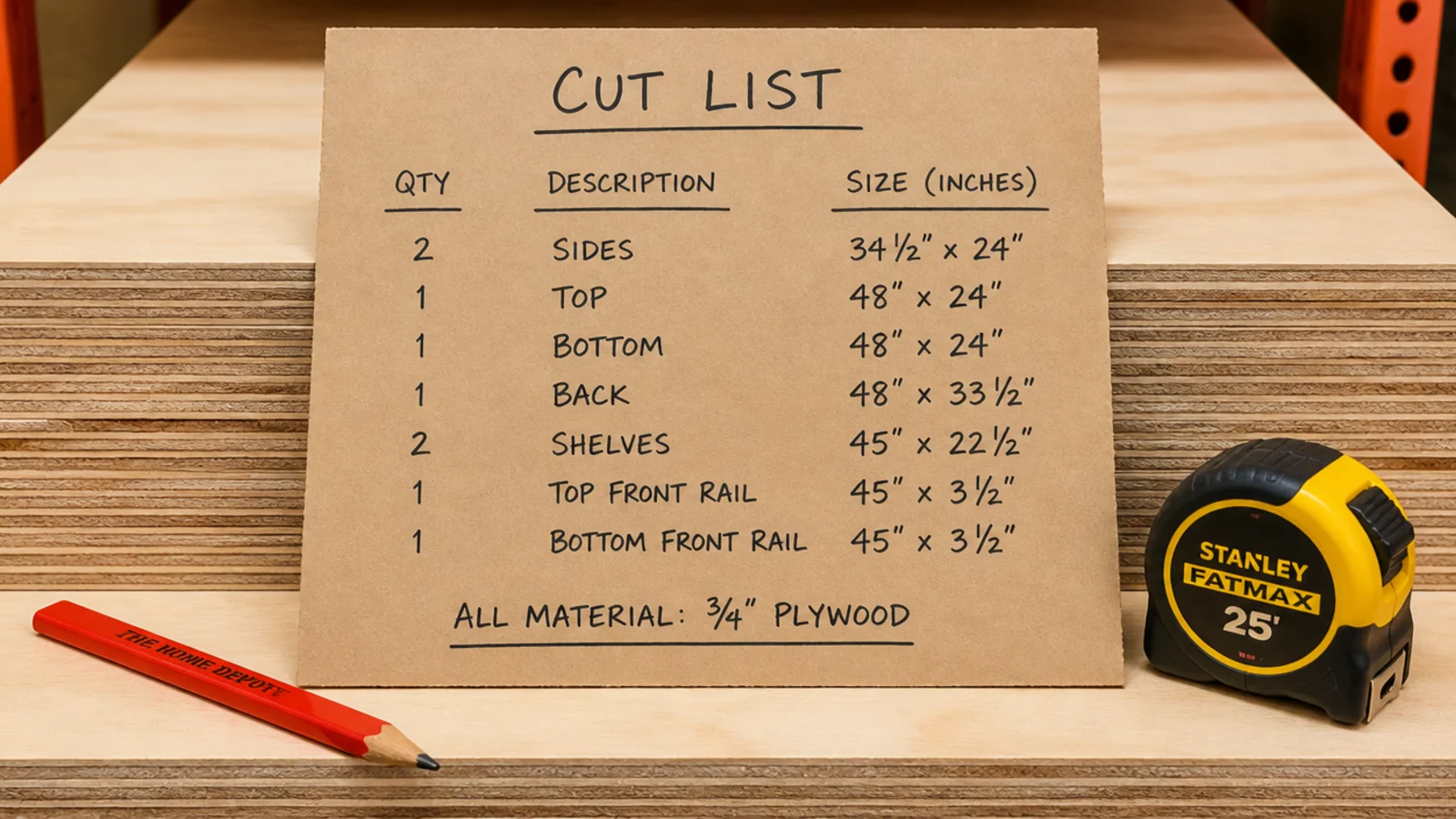 handwritten plywood cut list beside a full sheet at a lumber counter