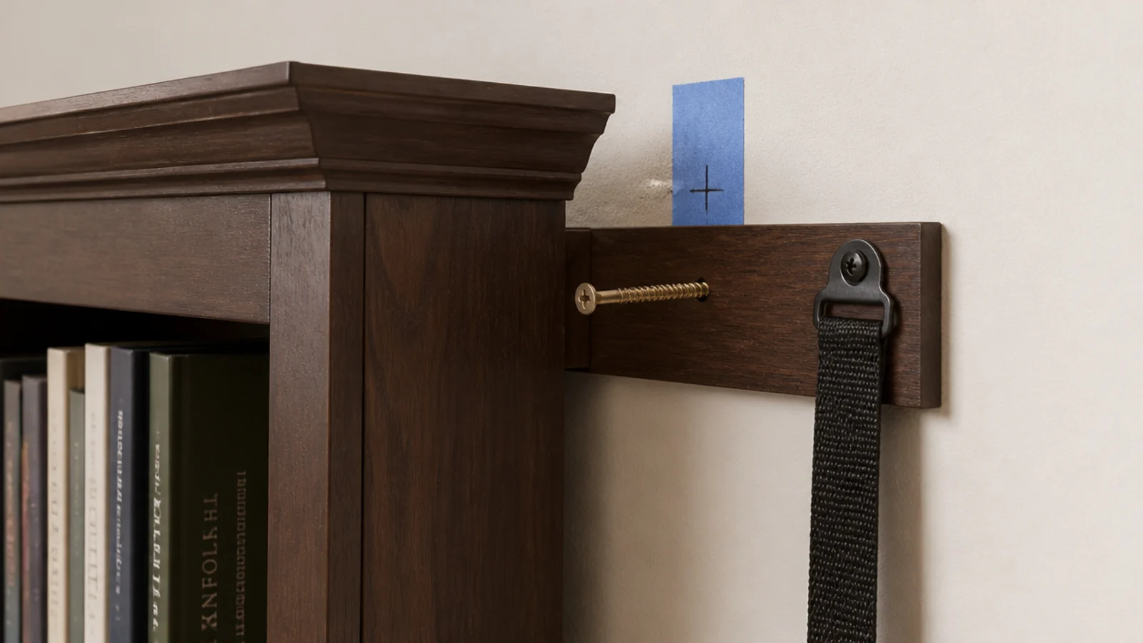 bookcase fixed to a wall stud with an anti-tip strap at the top rail