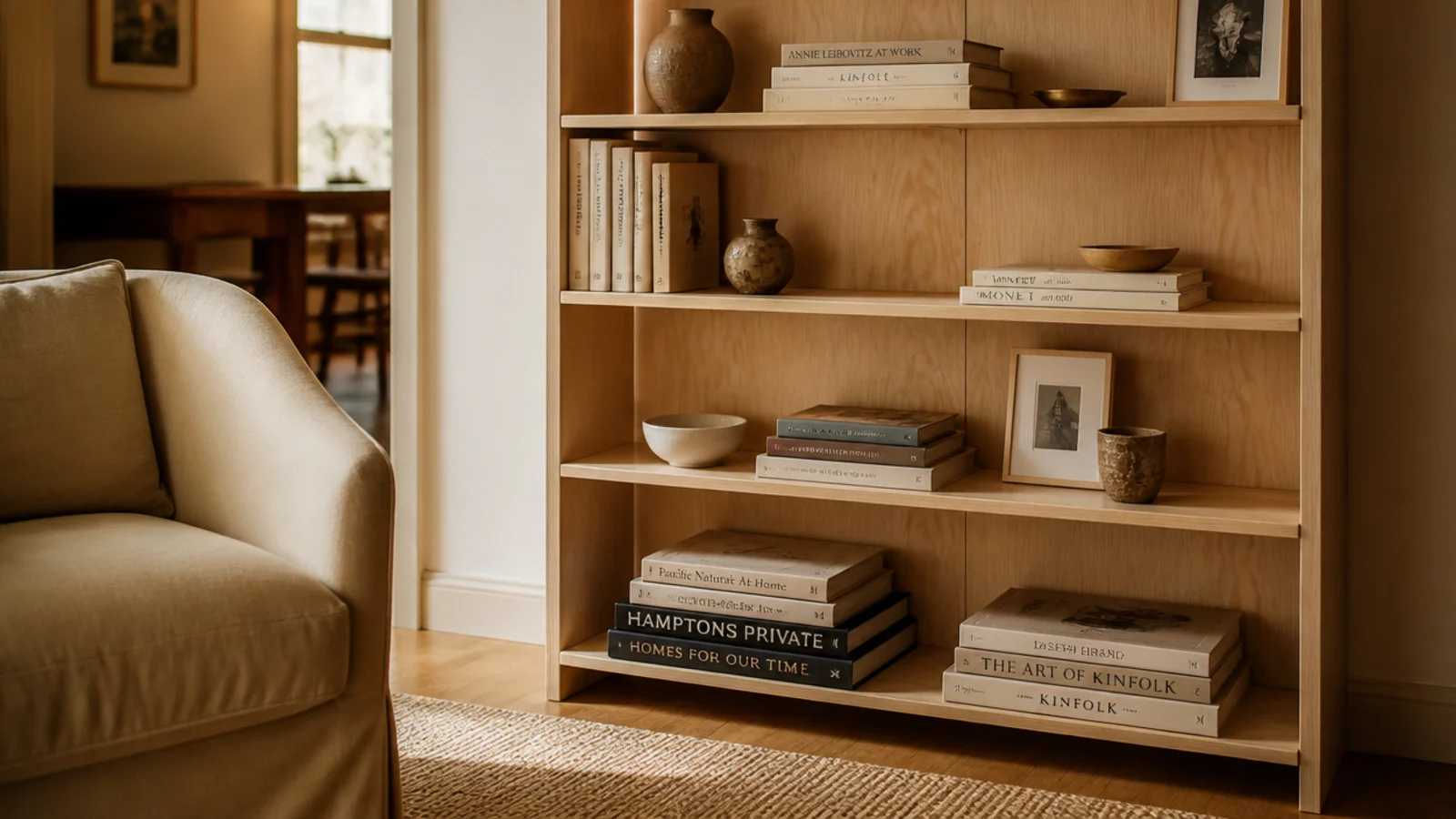 finished diy bookshelf loaded with heavy books low and styled above