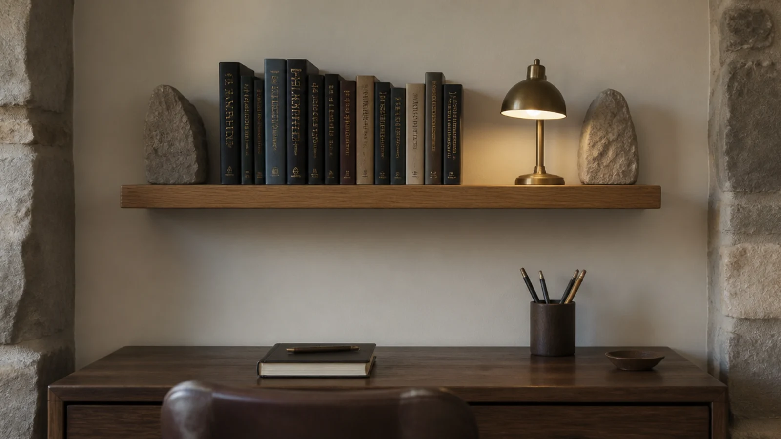 one floating oak shelf above a small desk holding reference books