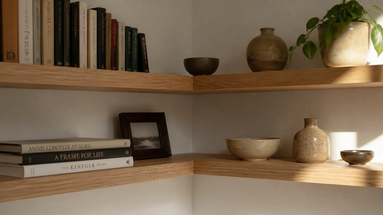 two floating shelves meeting in a corner forming a continuous return