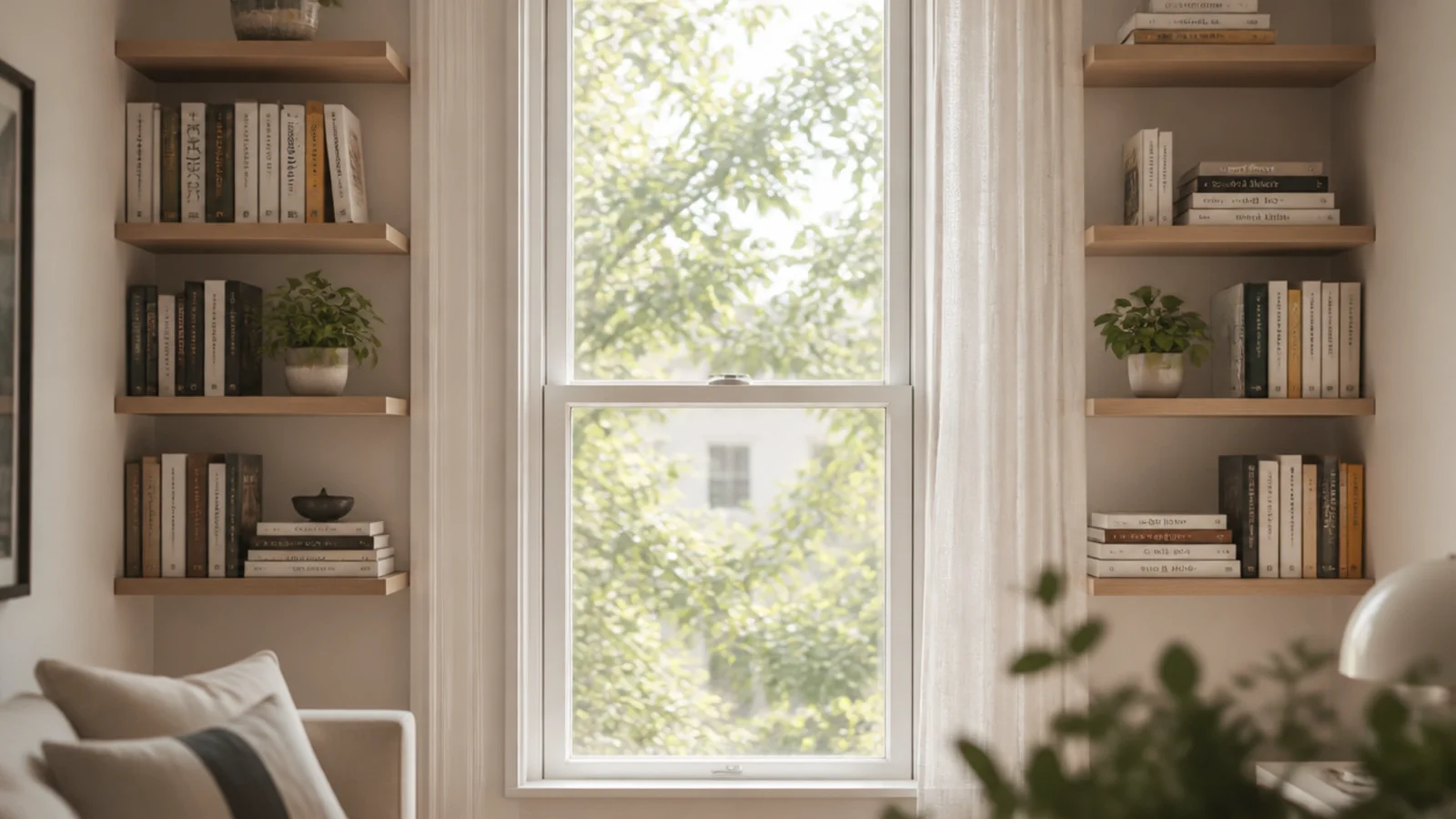 floating shelves running up both sides of a window holding books