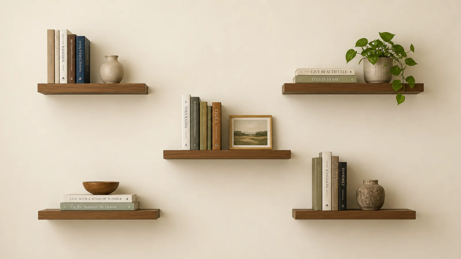 staggered floating shelves at uneven heights across a wall