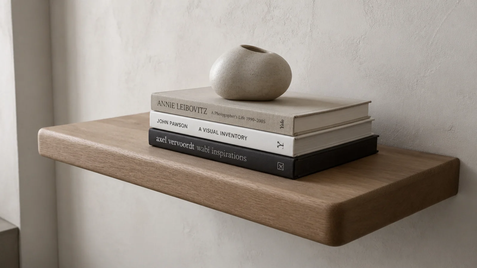 deep floating shelf holding oversized art books lying flat