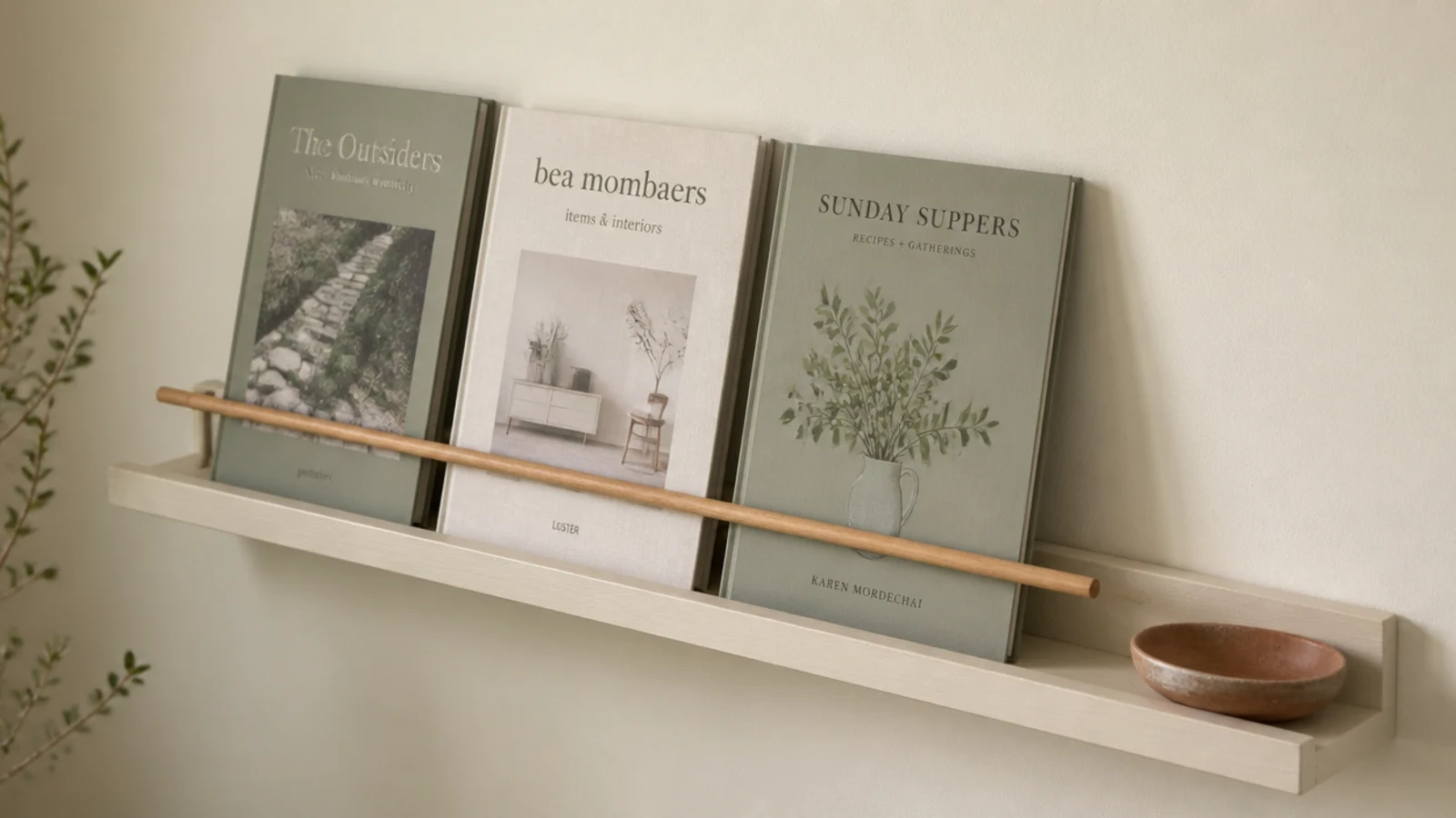 slim dowel rail across a shallow ledge holding books cover forward