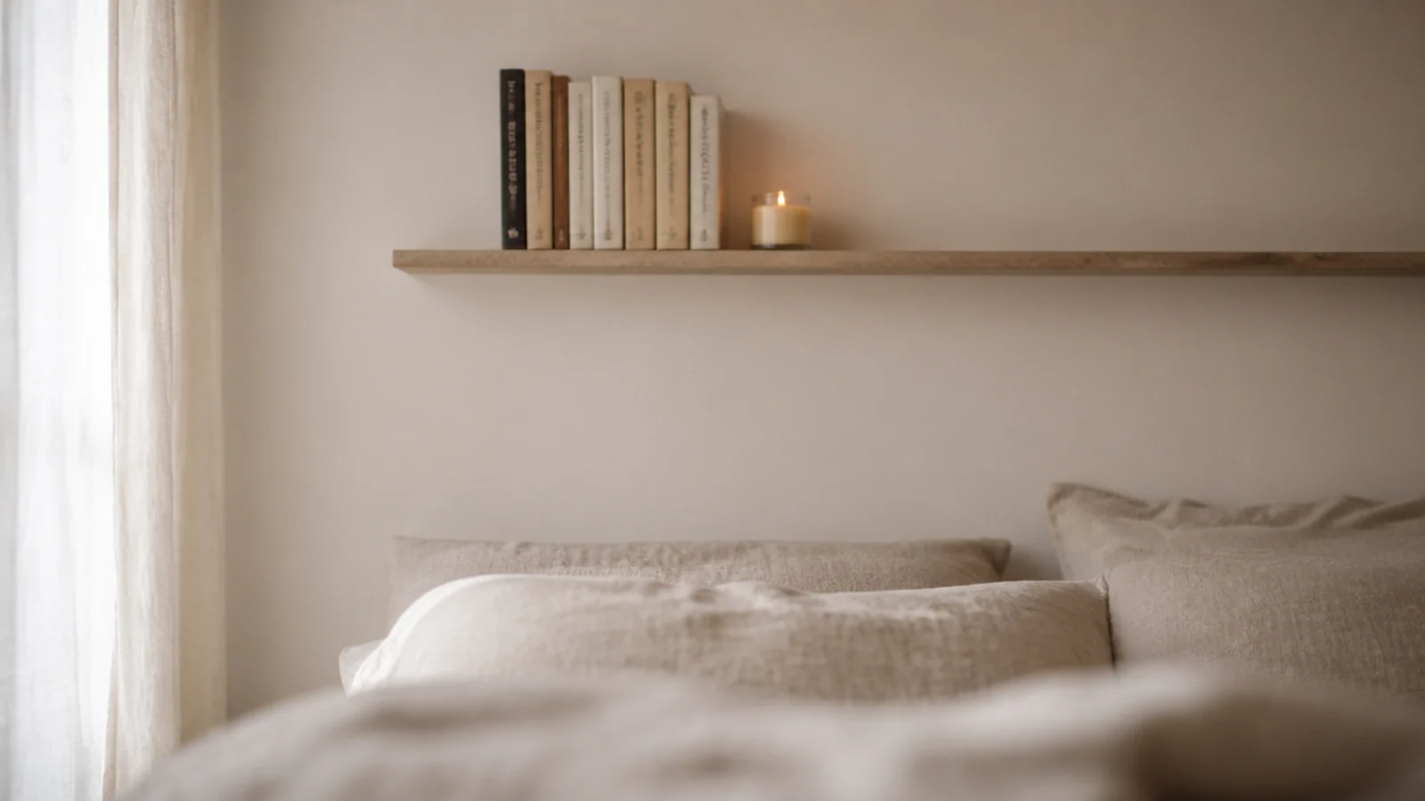 shallow lipped ledge mounted well above a bed holding paperbacks