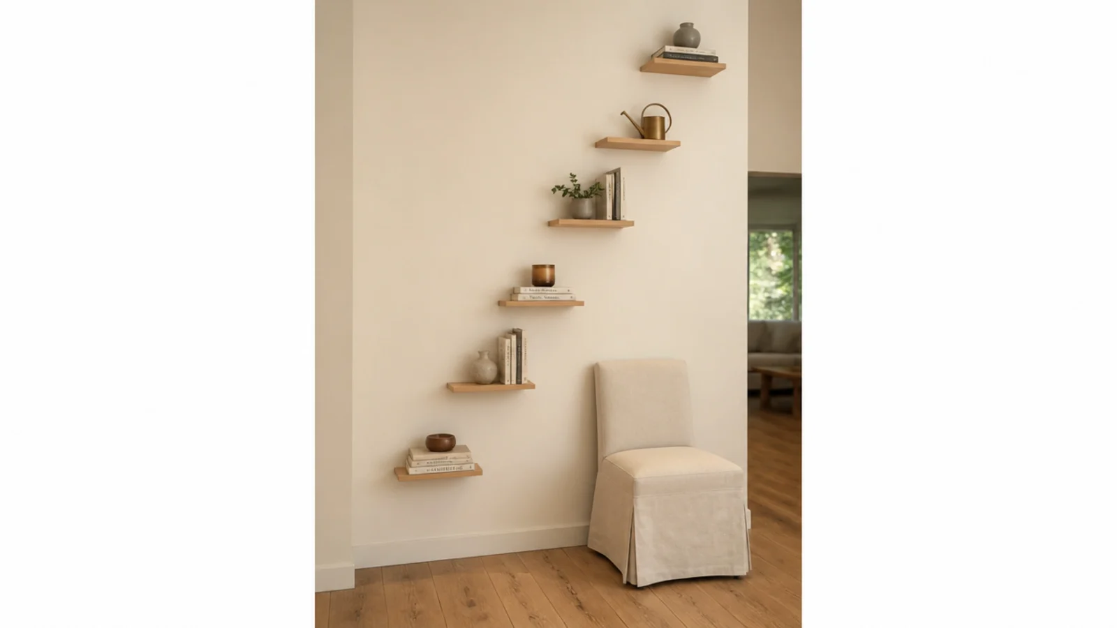 staggered floating shelves climbing a wall like an open ladder