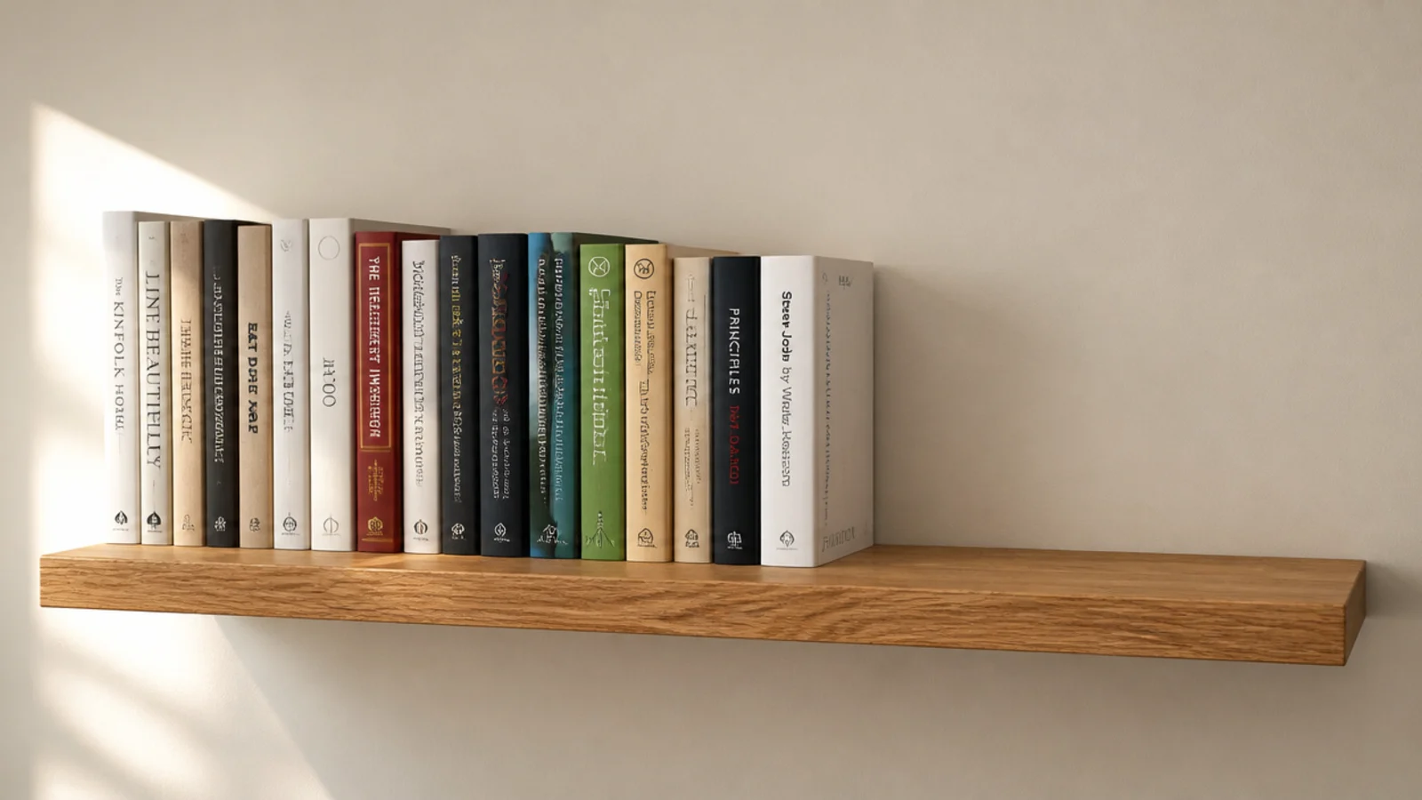 edited row of books occupying two thirds of a shelf with clear air beside