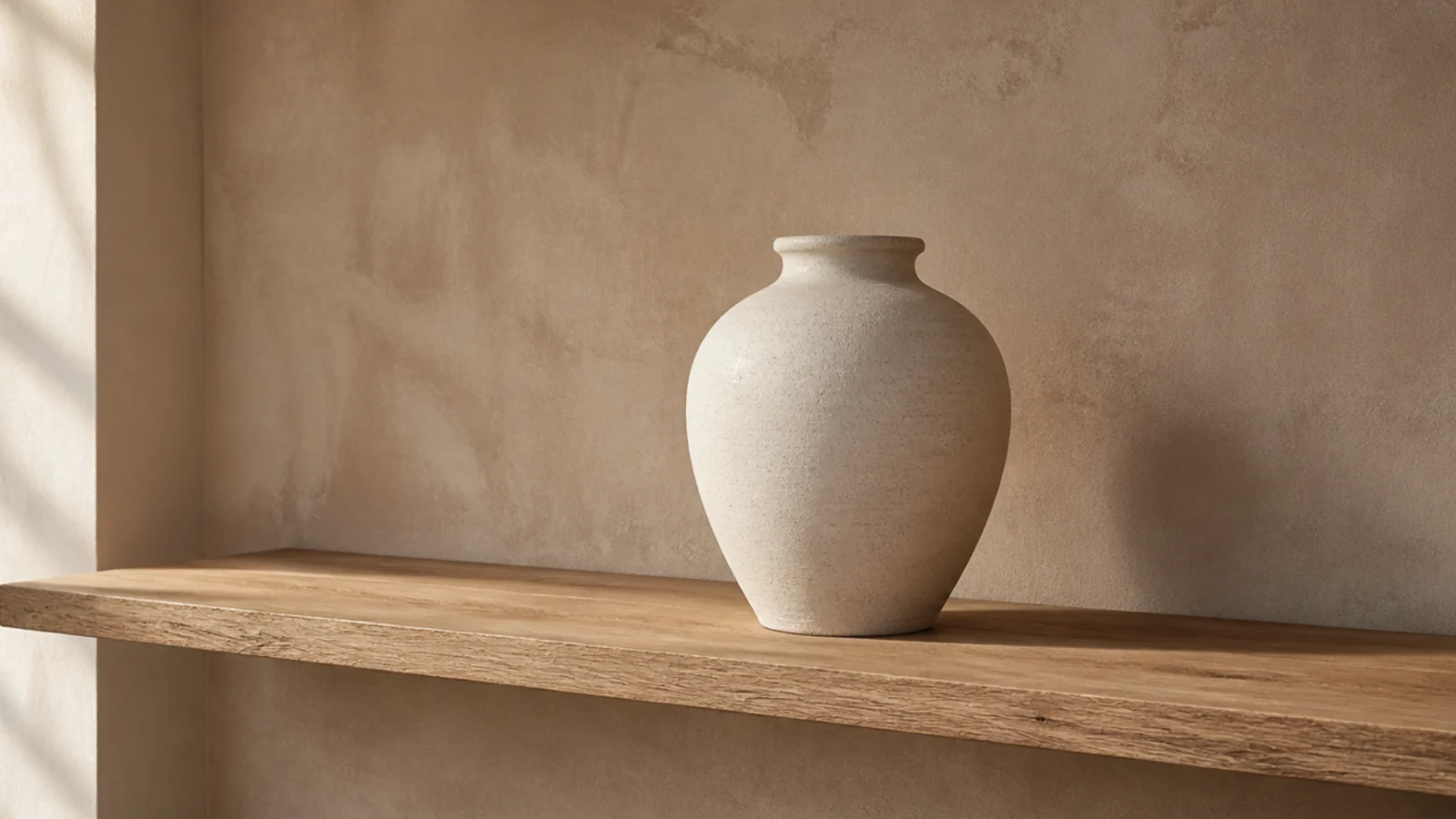 entire shelf given to a single large stoneware vessel with nothing else