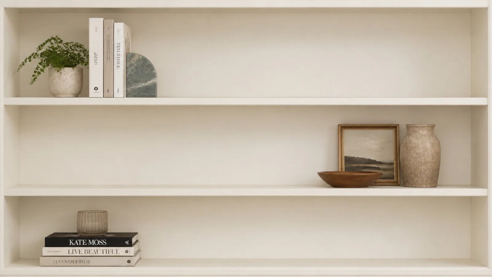 three shelves each styled with one grouping and a third left bare