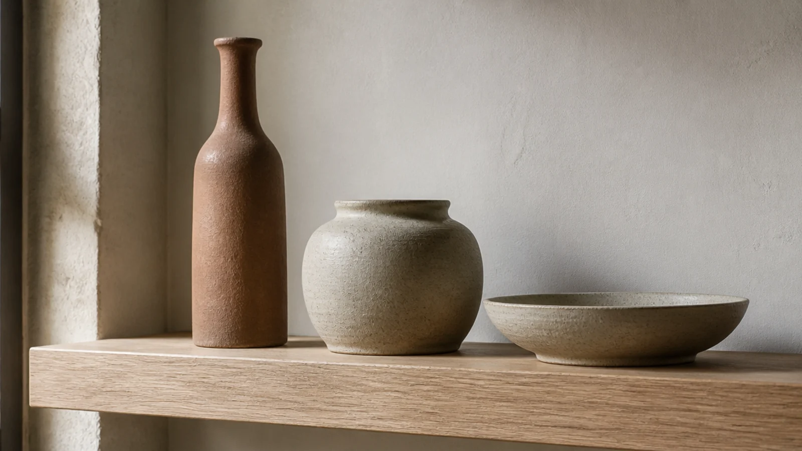 objects stepping down in height across a pale shelf in a clear line