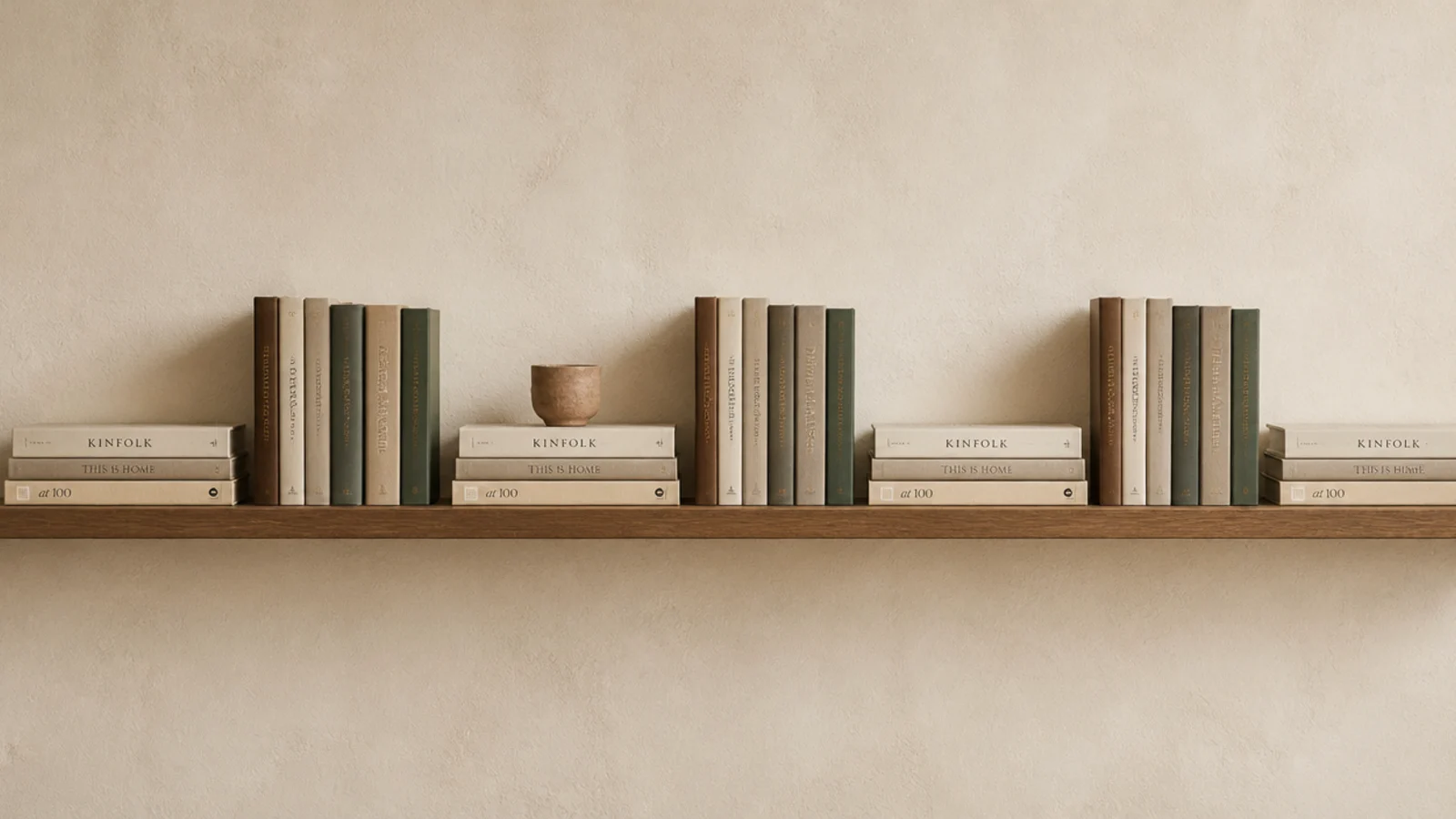 shelf alternating flat book stacks with upright rows in a steady rhythm