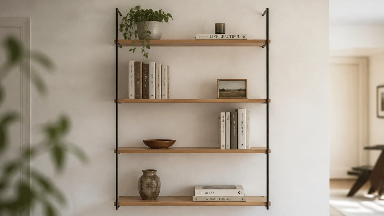 backless slim shelving unit letting the plaster wall show behind the books