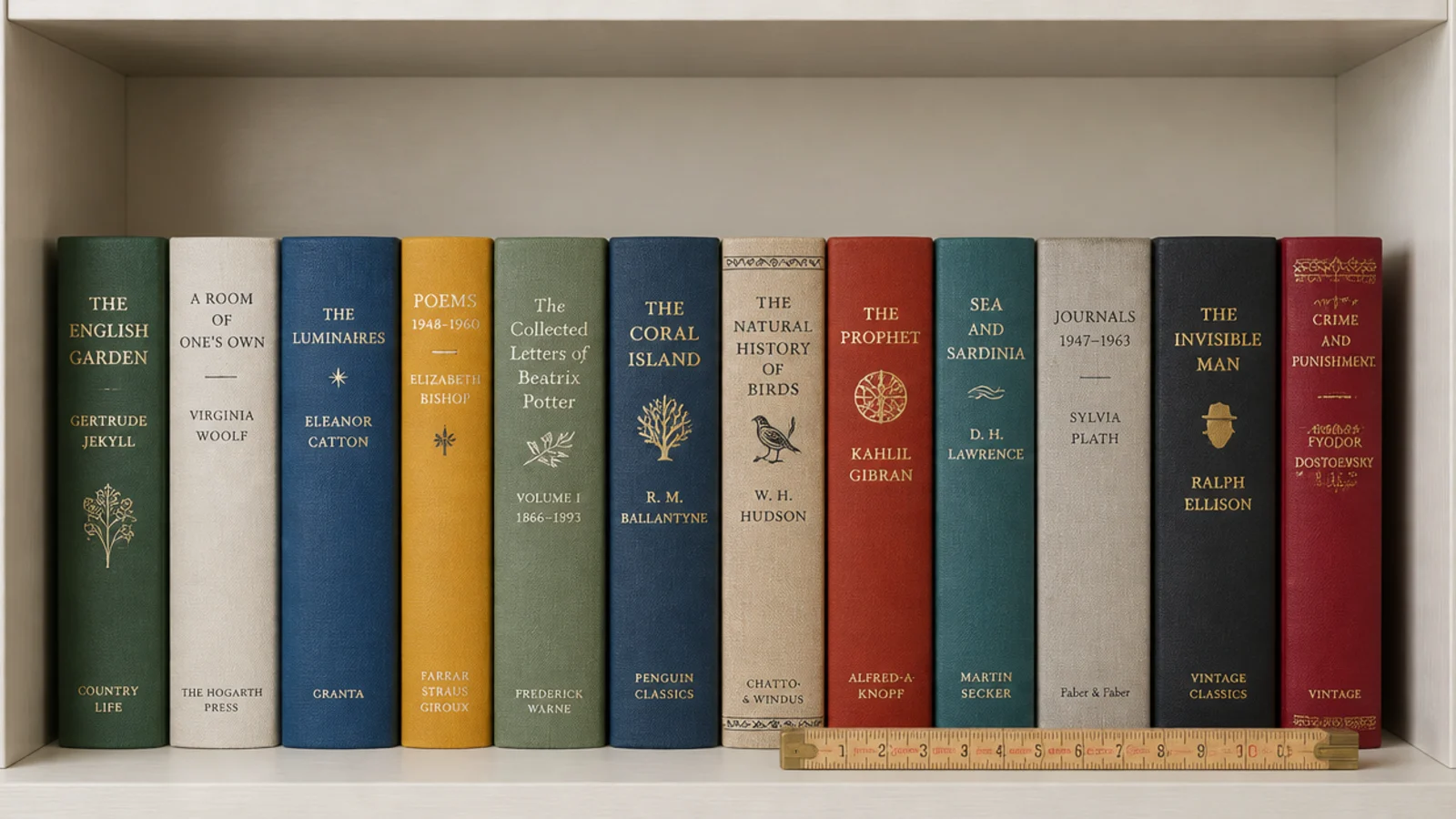 hardbacks standing upright with a hand width of air above them on a shelf