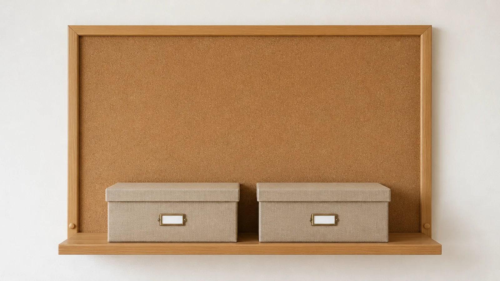 two identical linen storage boxes hiding clutter on a lower shelf