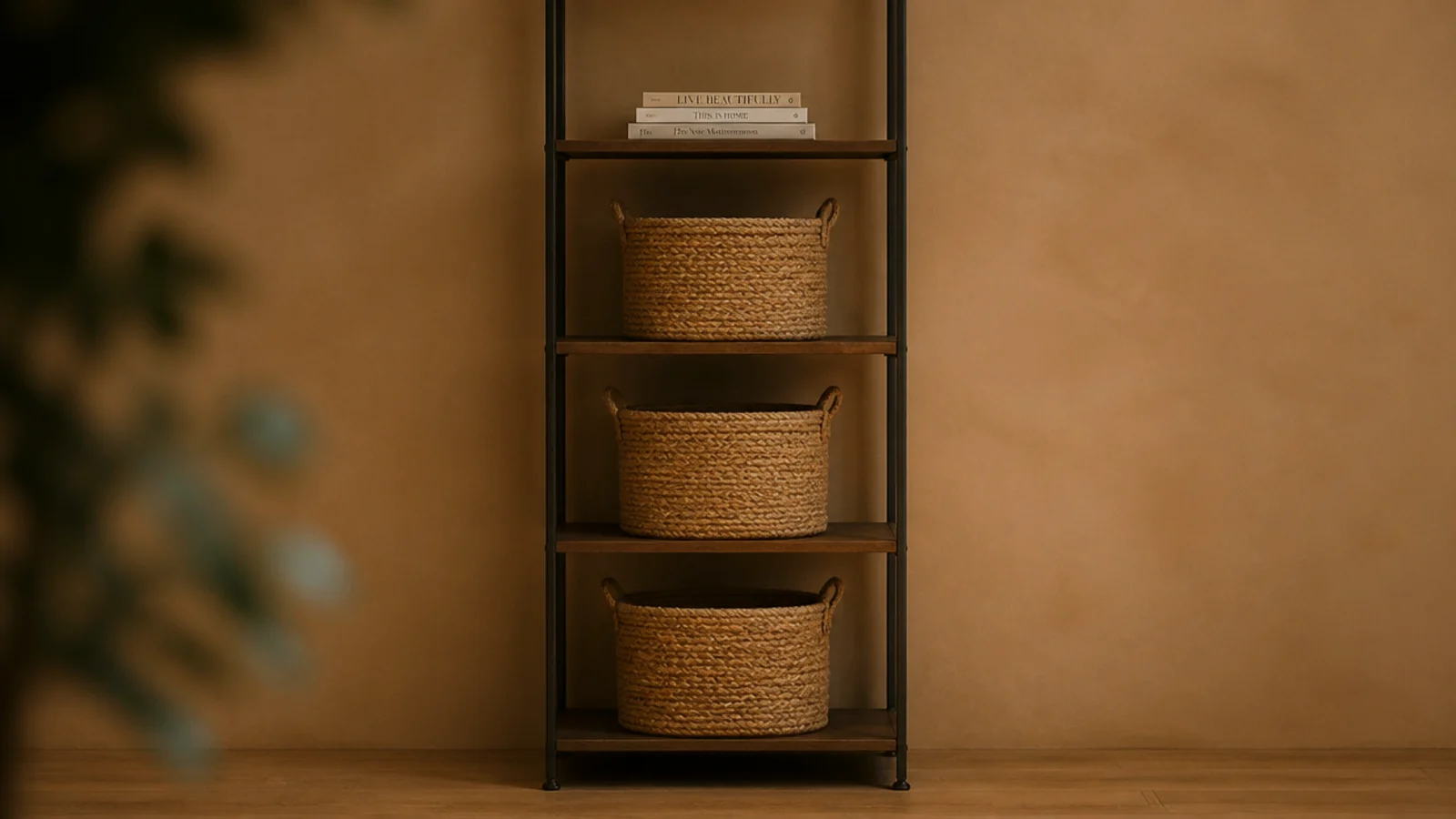 matching jute baskets repeated on three shelves of a pared back case