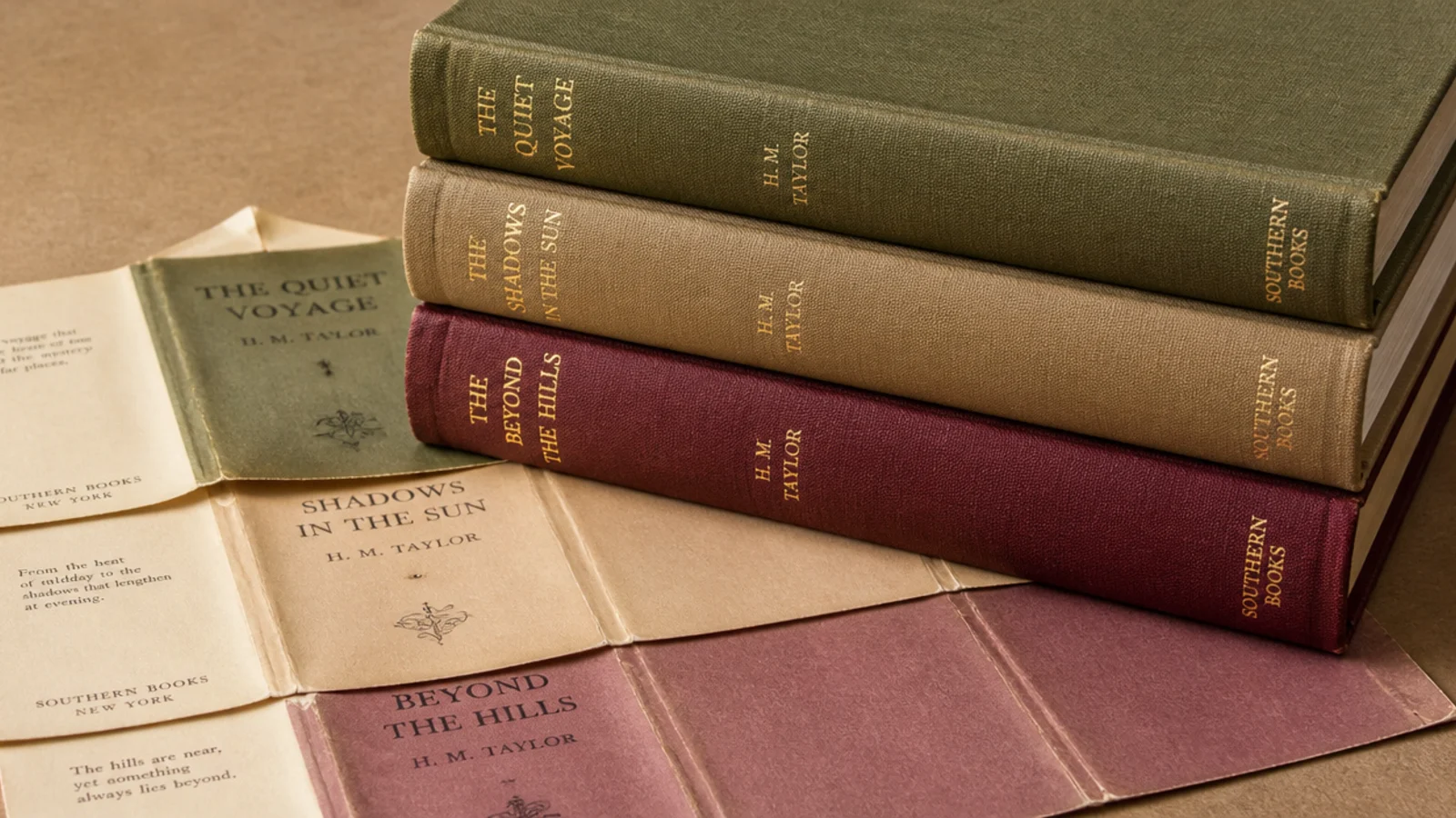 cloth bound books with jackets removed showing quiet muted spine tones