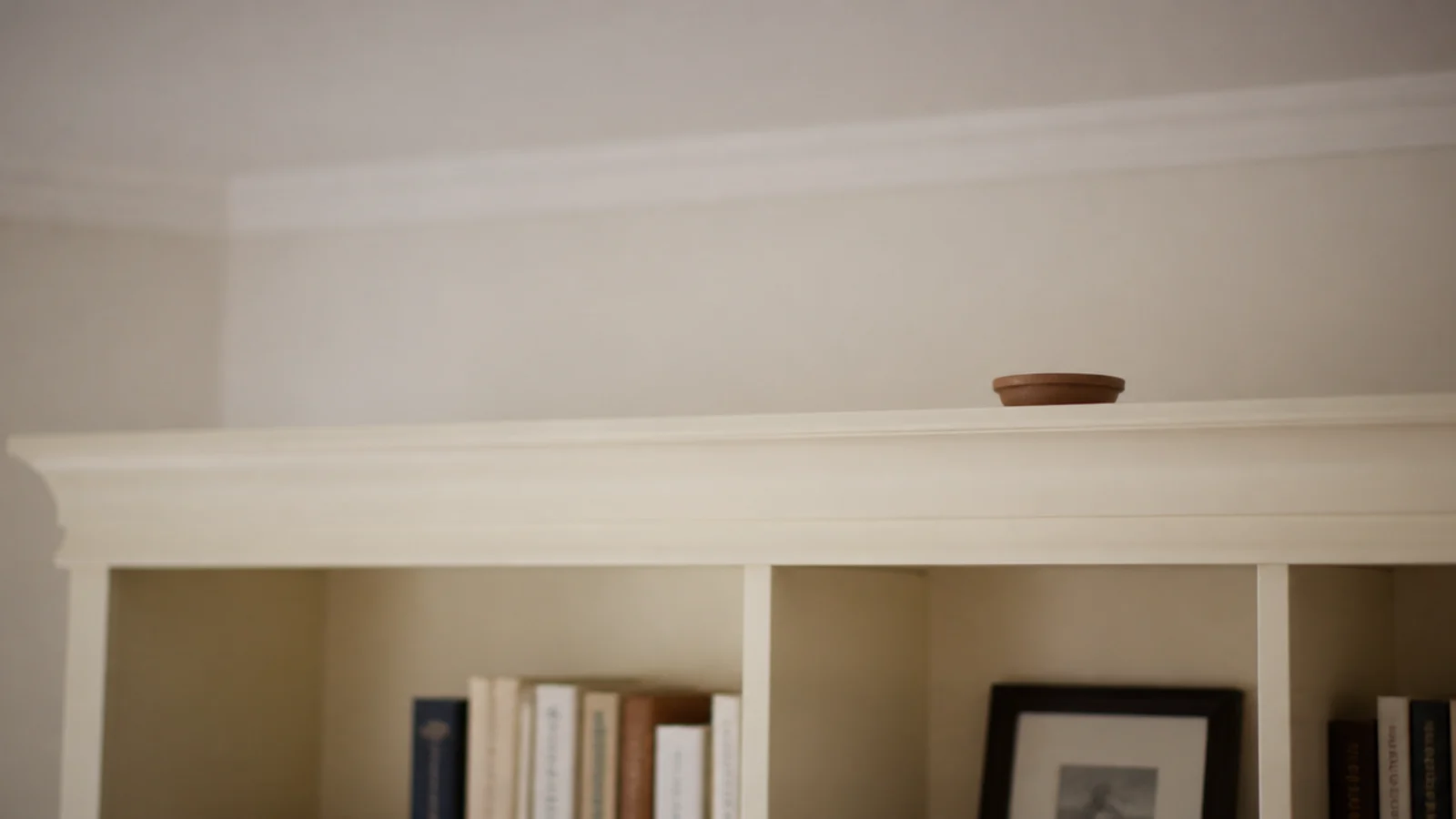 top shelf of a bookcase holding one small object with wide empty space