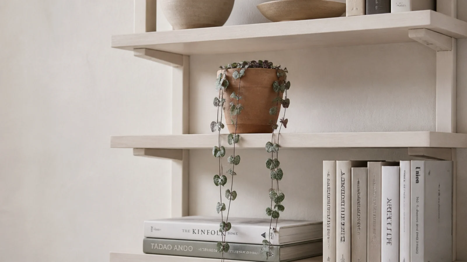 single trailing plant in a terracotta pot on an otherwise spare shelf