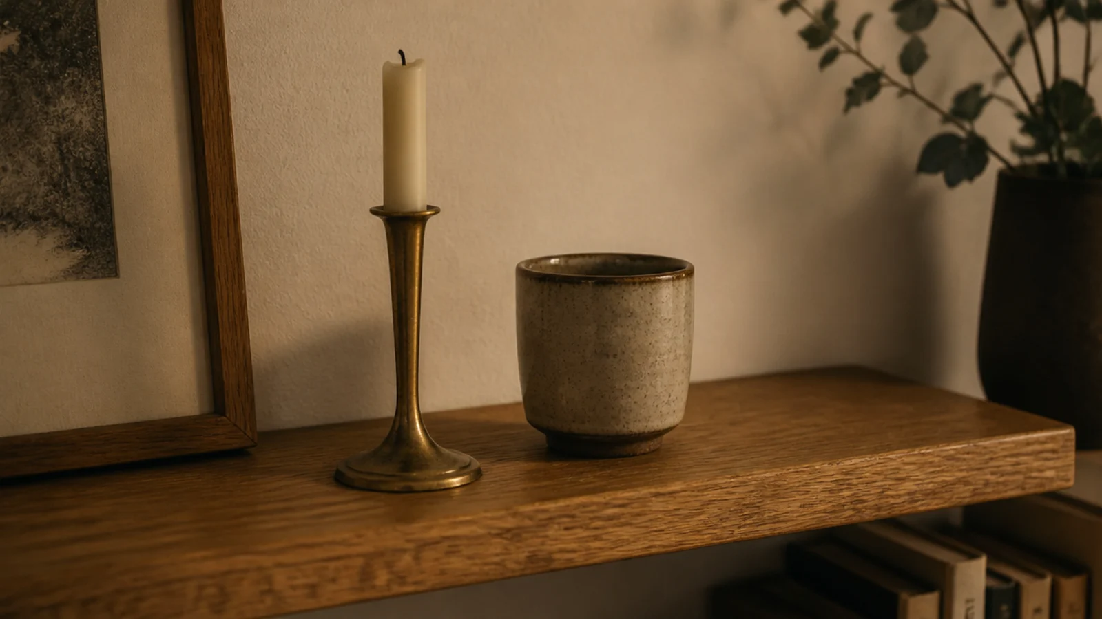 brass candlestick as the only metal object on a pared back wooden shelf