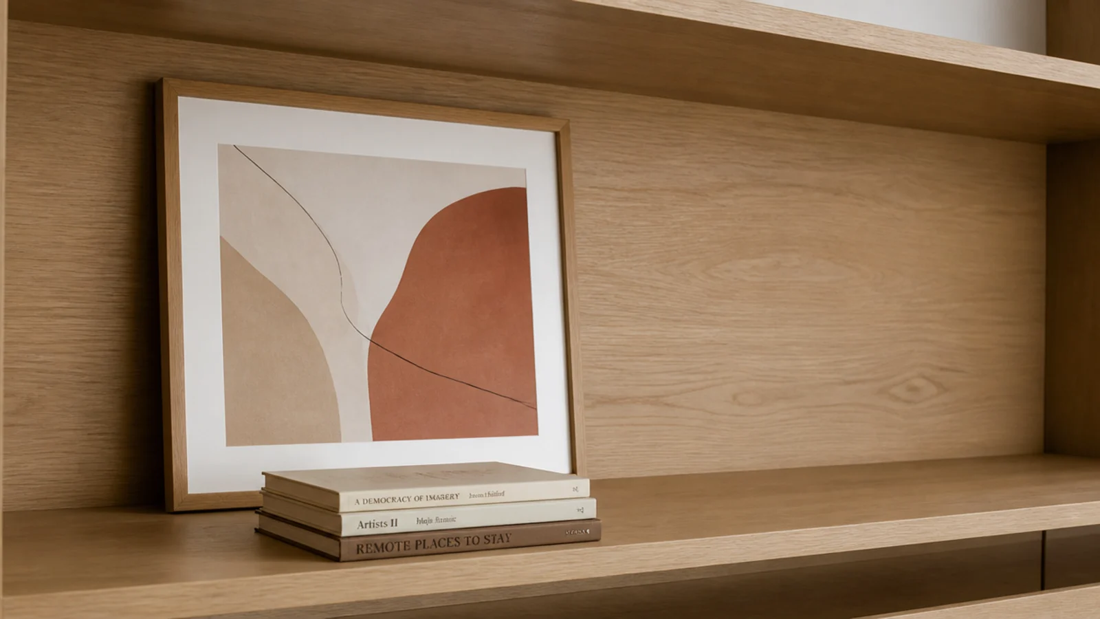 single large leaning print at the back of an otherwise minimal shelf