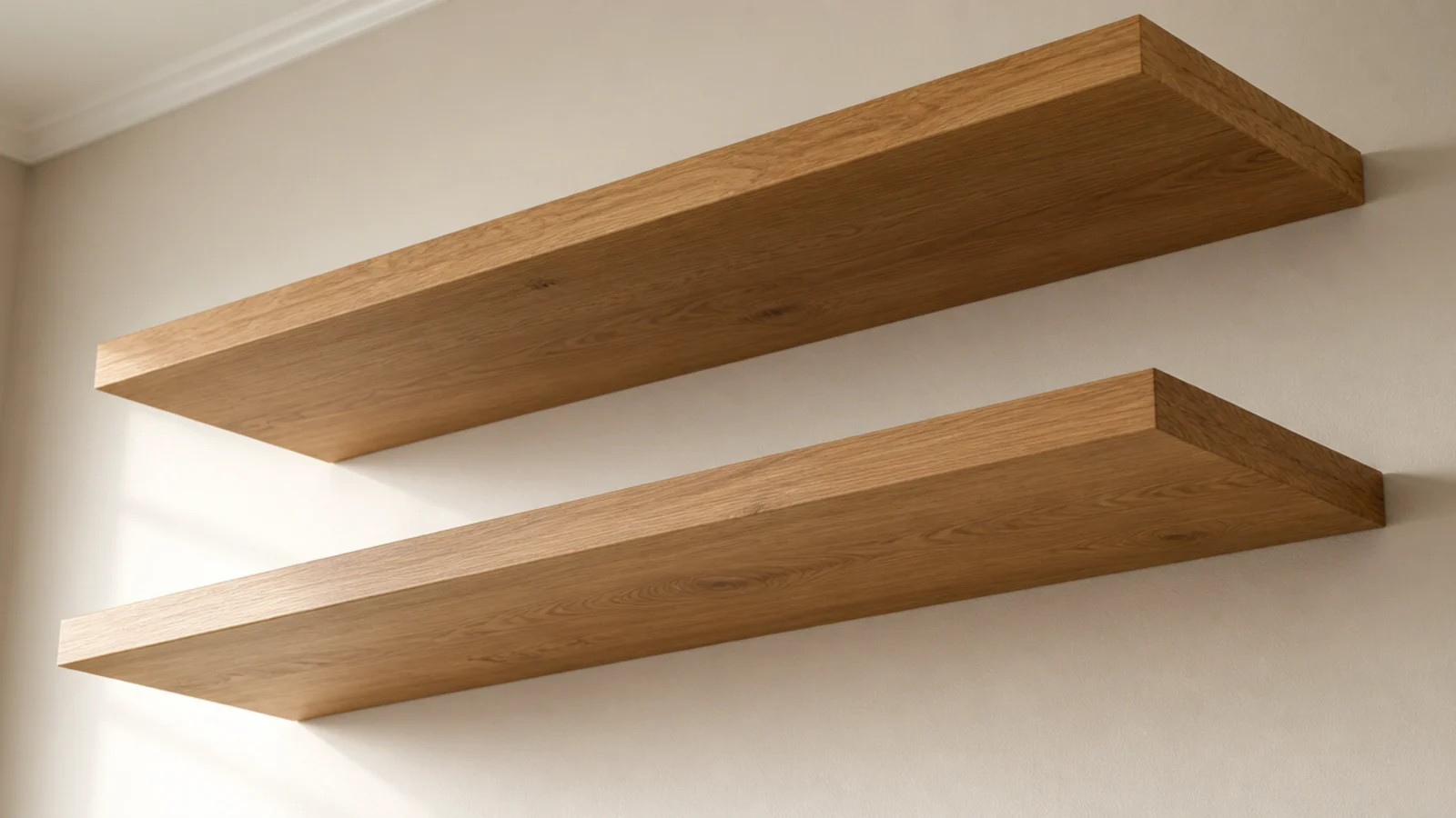 floating oak shelves with concealed rods showing no visible hardware