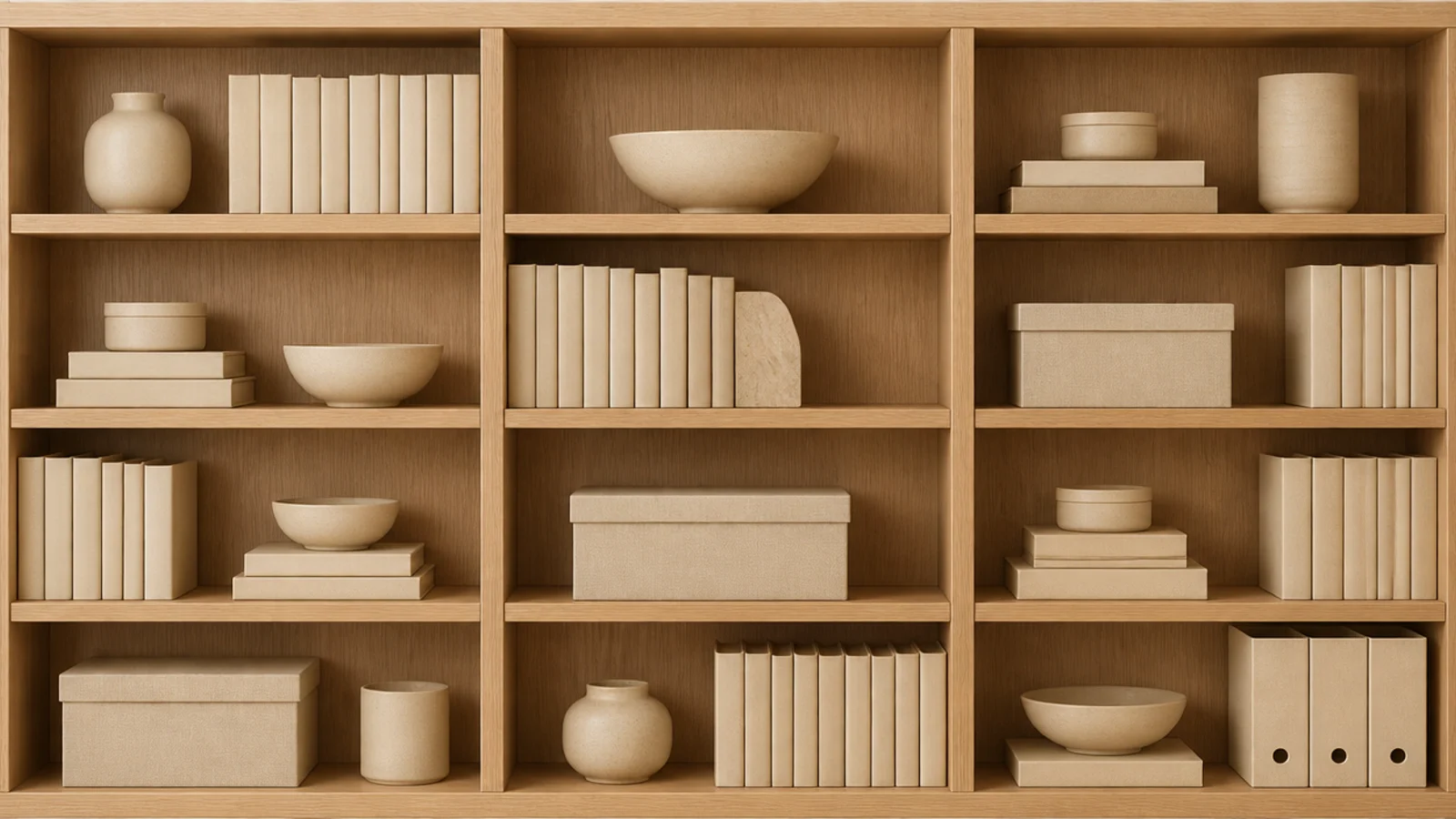 pared back shelf using only cream clay and oak tones across every object