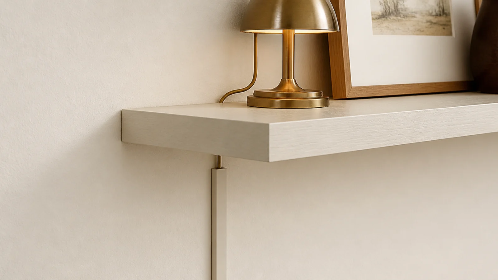 cable channel painted the wall color hiding a lamp cord behind shelving