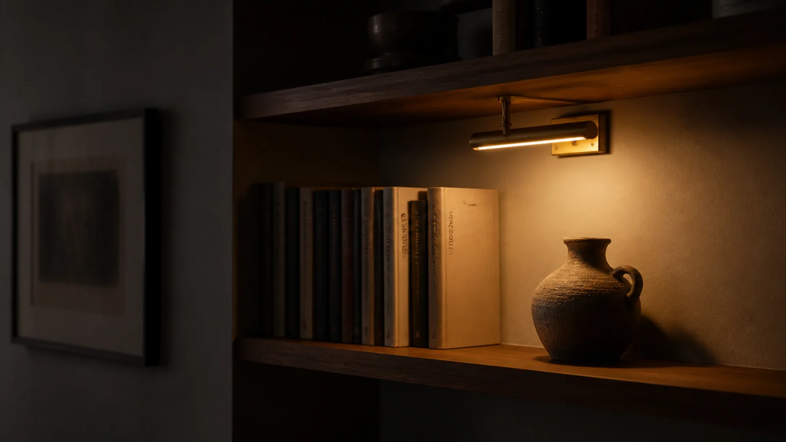 single warm picture light casting soft 2700k glow across minimal shelving