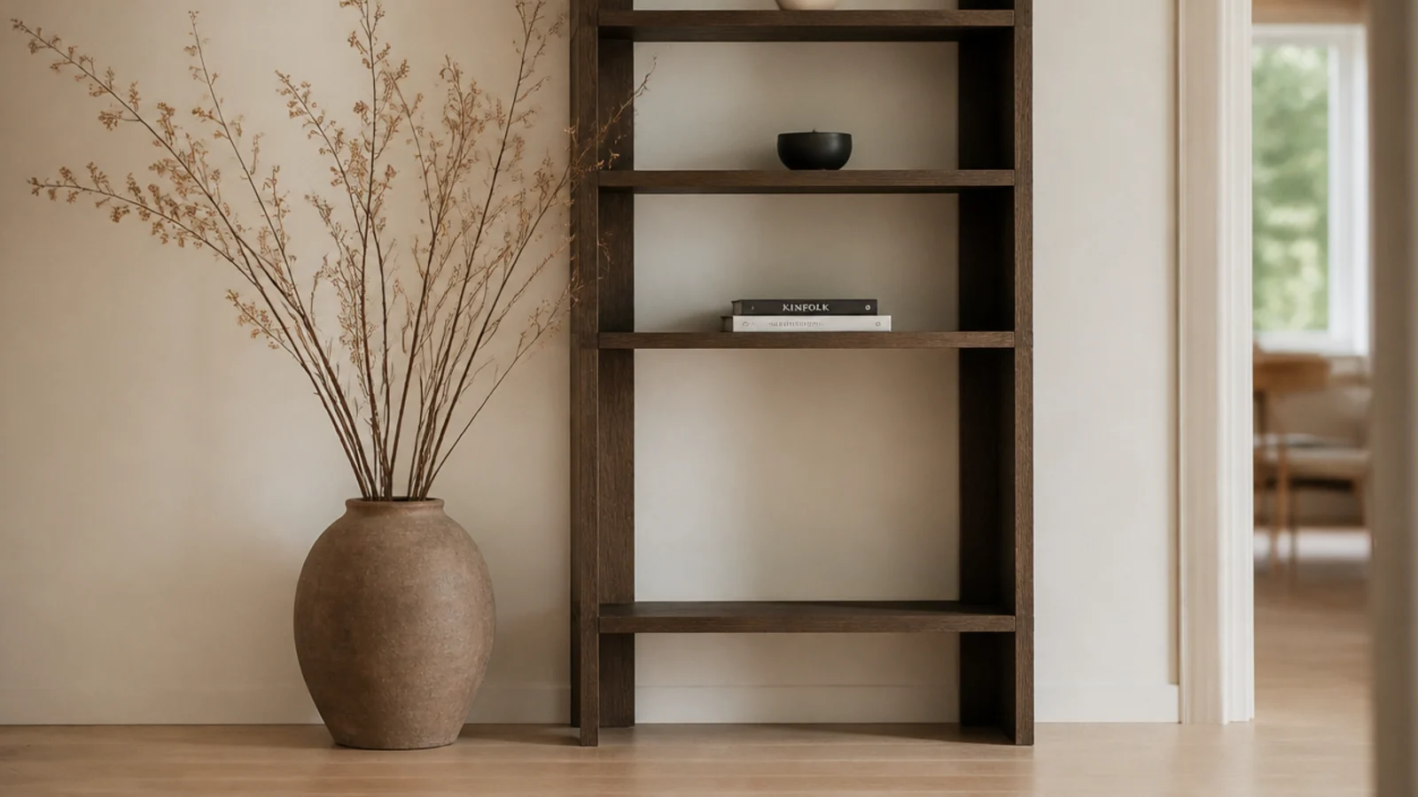 large floor standing clay vessel anchoring the base of minimal shelving
