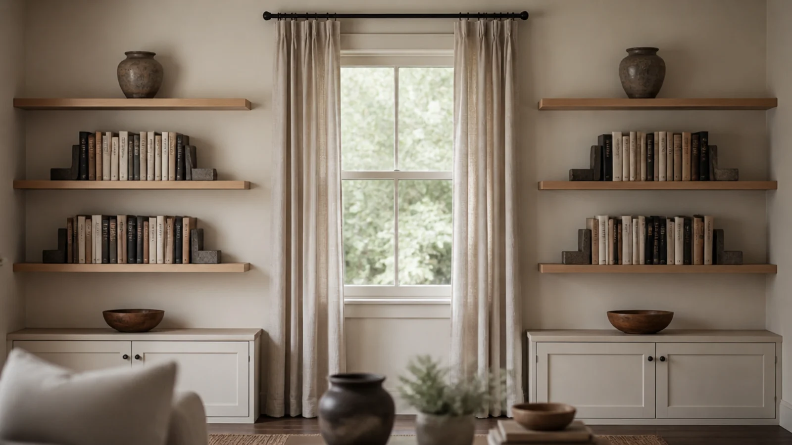 symmetrical pair of shelves balanced either side of a centerd window