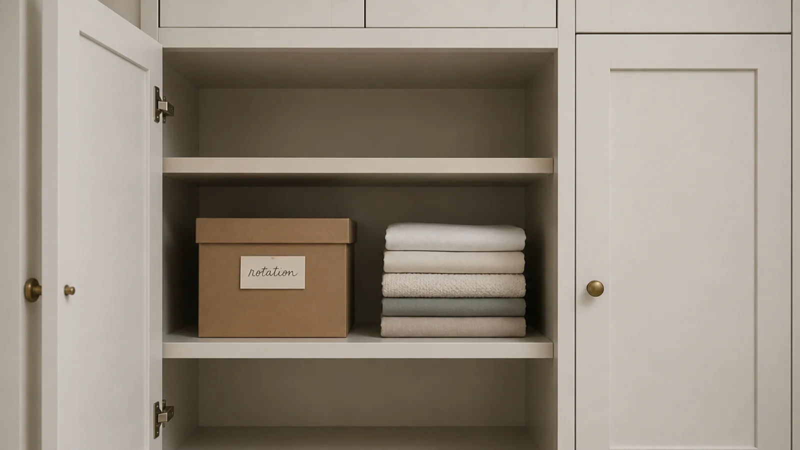 labeled storage box of rotated books closed in a cupboard beside shelving