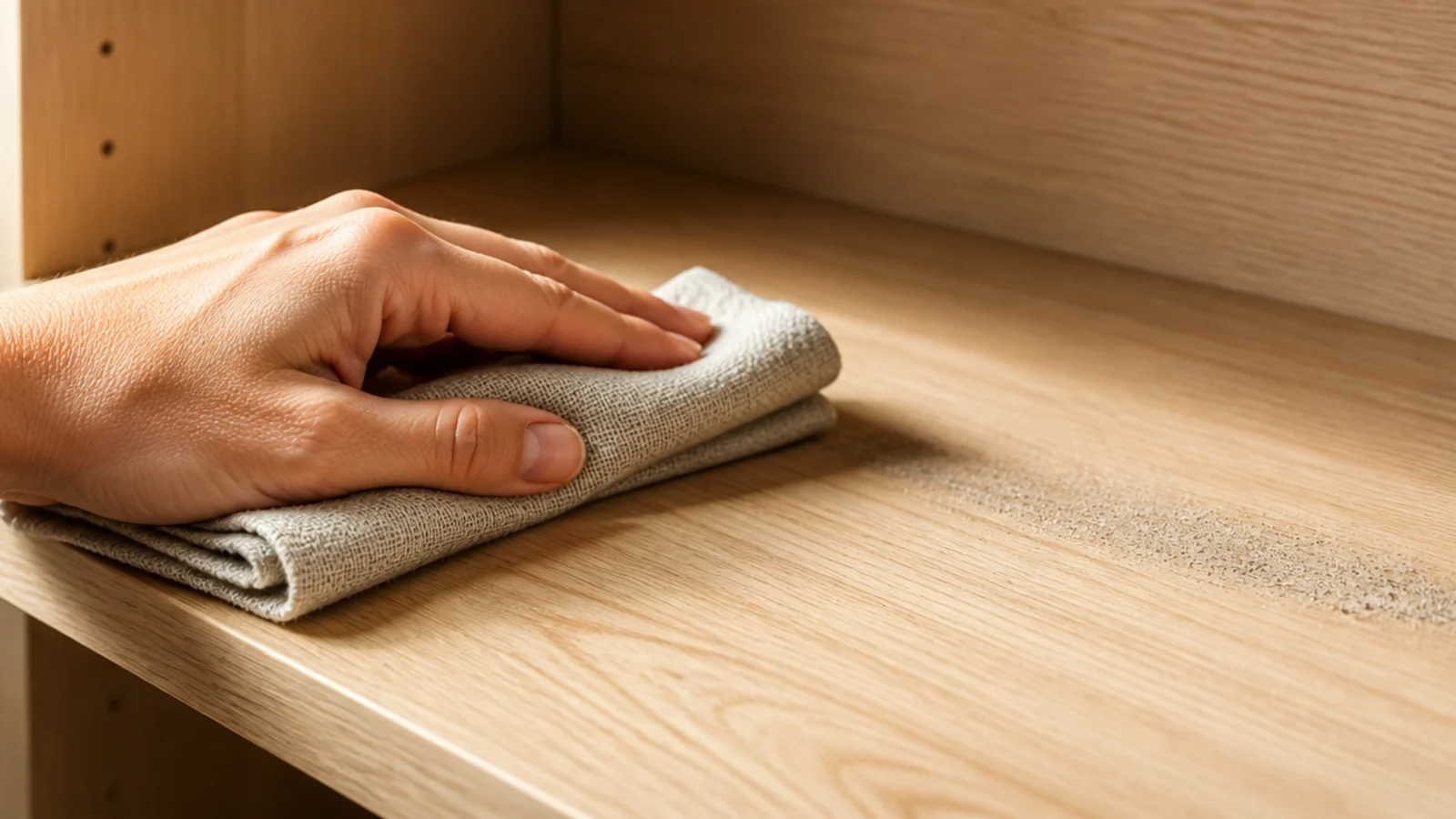 soft cloth wiping dust from a bare section of pale wooden shelving