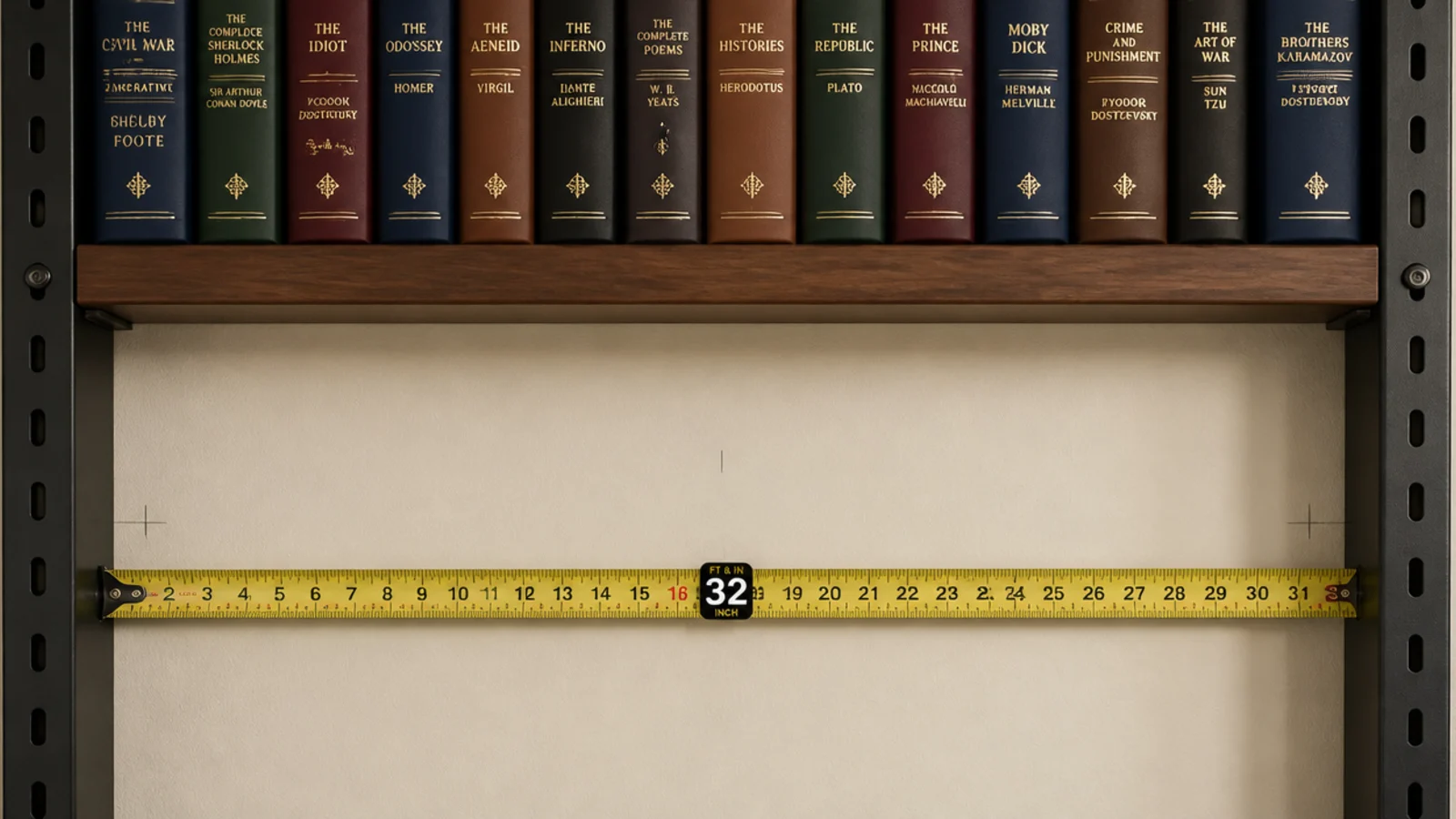 tape measure showing a thirty two inch span between two shelf supports