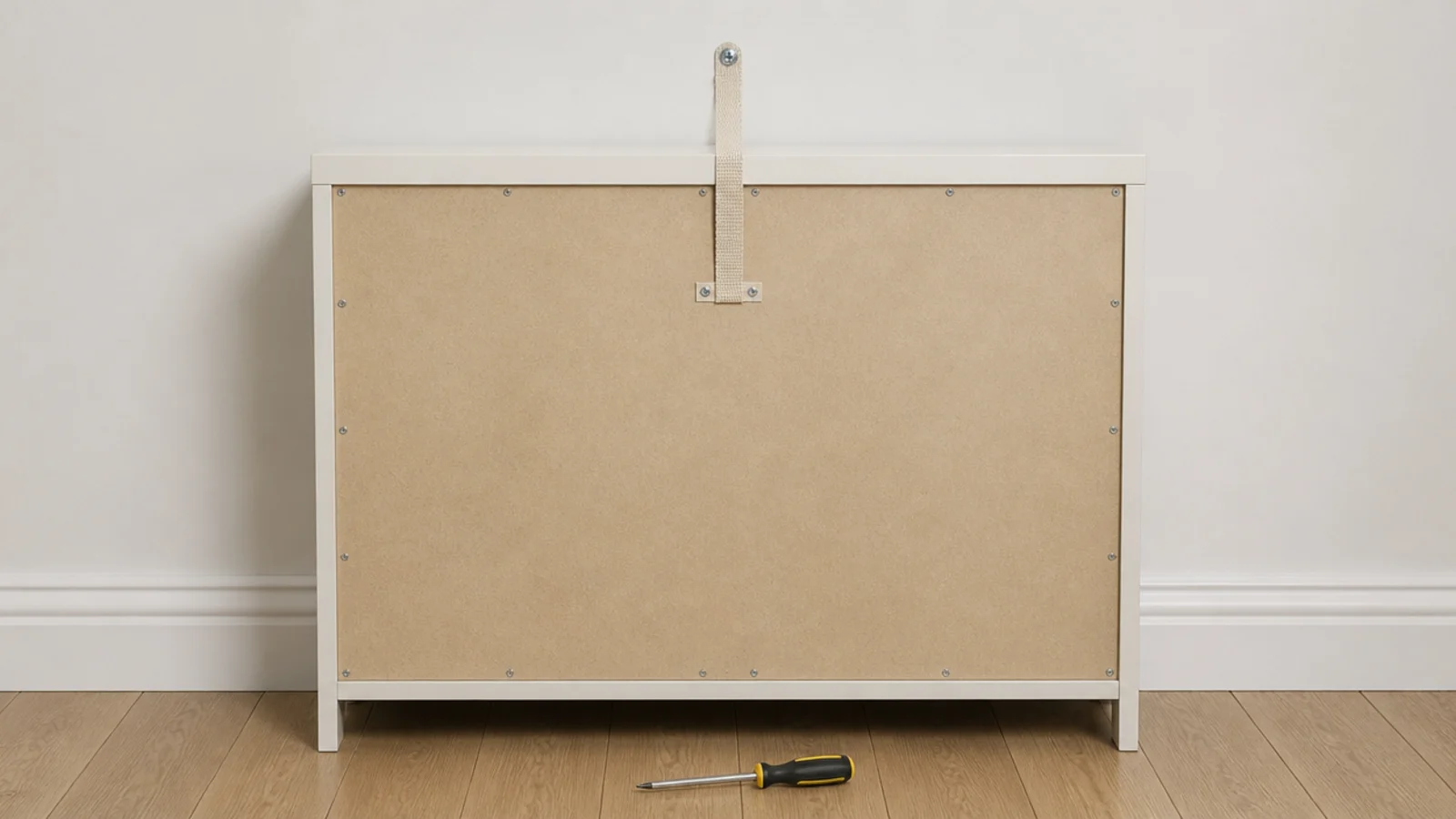 anti tip strap fixed from a minimal bookcase into the wall behind it