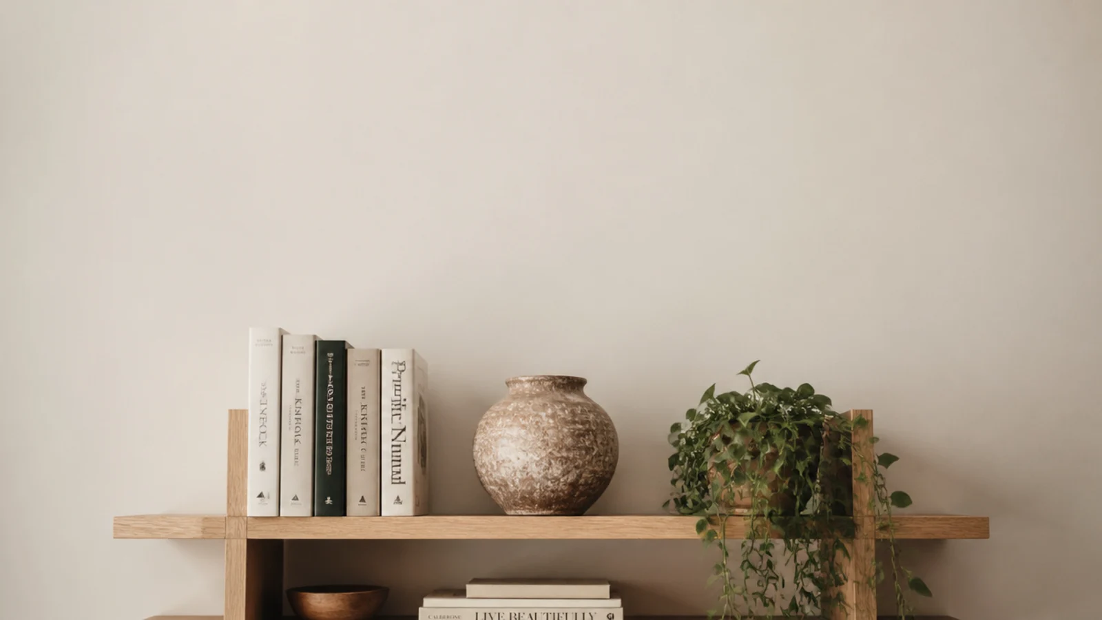 vertical minimalist bookshelf with pale oak boards clay pottery and open space