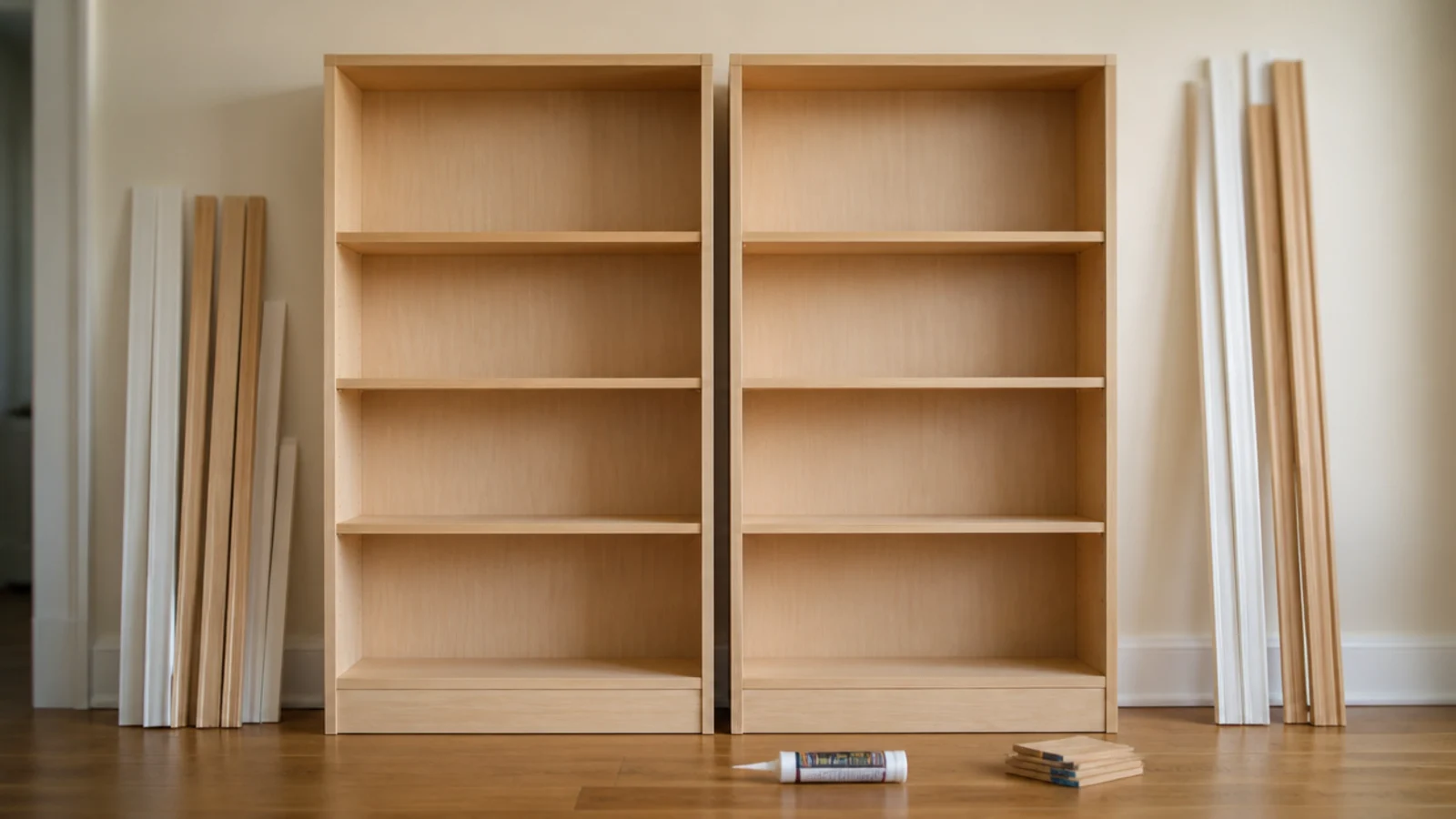 pair of plain bookcases being trimmed into one built-in living room run